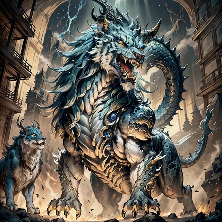 (Best quality,8K,A high resolution,Masterpiece:1.2),Ultra-detailed,(Realistic,Photorealistic,photo-realistic:1.37),Ancient beasts from hell，Chinese mythology，Mountain and Sea Sutra，the mountains and the sea,Ancient legends,drak，faucet，mythological creatures,Sparkling golden scales,faucet,mane hair,Dragon whiskers，lion body，Long tail，large wings，Wings cocked，Sharp claws,beast of prey，buck teeth，sparkling big eyes， Intricate fantasy ink painting, Detailed fantasy ink illustration, fantasy highly detailed, beautiful detailed fantasy, magic fantasy highly detailed, highly detailed fantasy art, epic rivendell fantasy, japanese fantasy, detailed fantasy digital art, Chinese fantasy, detailed fantasy art,