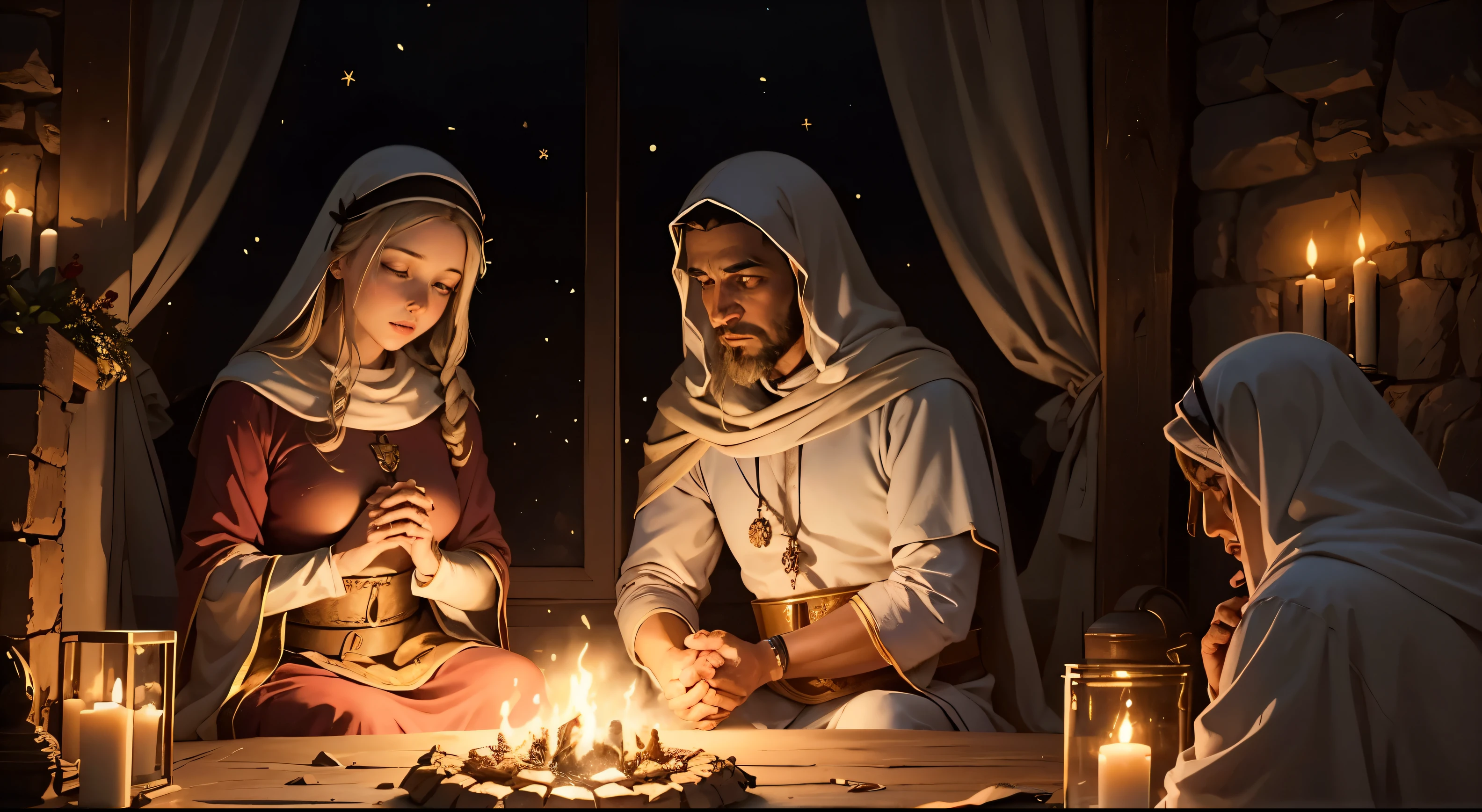 visualizar, se puder, a night scene in Belém, where the manger rests under a starry sky of indescribable beauty. The aged wood of the manger exudes the history of many years, testemunhando a simplicidade que acolheu o nascimento de Salvador.
The soft light of the star of Bethlehem falls gracefully over the scene, iluminando o rosto sereno de Maria. Her eyes overflow with love as she gently holds Jesus, cujo rosto revela a sabedoria divina nos primeiros momentos de vida.
ao lado, José observes with humility and respect, with features illuminated by celestial light. Pastores, attracted by the divine , kneel in reverence, while invisible angels hover in the air, witnessing the miracle with joy and silent celebration.
Cada detalhe desta imagem transmite a sacralidade do momento, capturando a beleza da simplicidade que cercou o nascimento de Salvador. It is a vision of peace and worship that resonates through the centuries, touching the hearts of those who contemplate the scene. melhor quality.