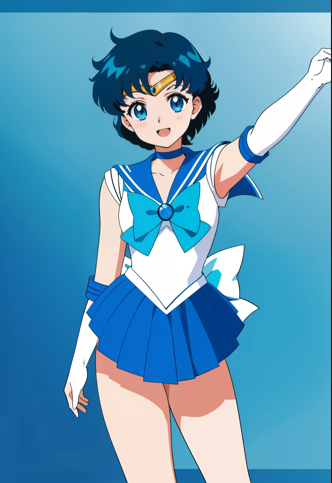 Top Quality Anime Art、masterpiece、high definition anime art、アニメstyles4K、Anime Boy、 boys、gender change、gender change(Girls to boys)、Sailor Mercury、solo、Sailor Senshi Uniform、Ami Mizuno、Masculinization、Blue choker、rating:safe、Blue-eyed boy、Blue sailor collar、Sky blue bow tie、Very short blue-haired boy、skirt、a blue skirt、blue_theme、white_theme、bow、smile、Magical Boy、white glove、elbowgloves、jewelry、White leotard、highleg leotard、robe blanche、open_mouth、back_bow、Splashes around him、official_style、耳环、Arms outstretched、looking_at_viewer、blush、cowboy_shot、aqua_theme、circlet、blue_background、white_background、a miniskirt、pleatedskirt、Bare shoulders、bare legs、(1990's\(styles\):0.9)、