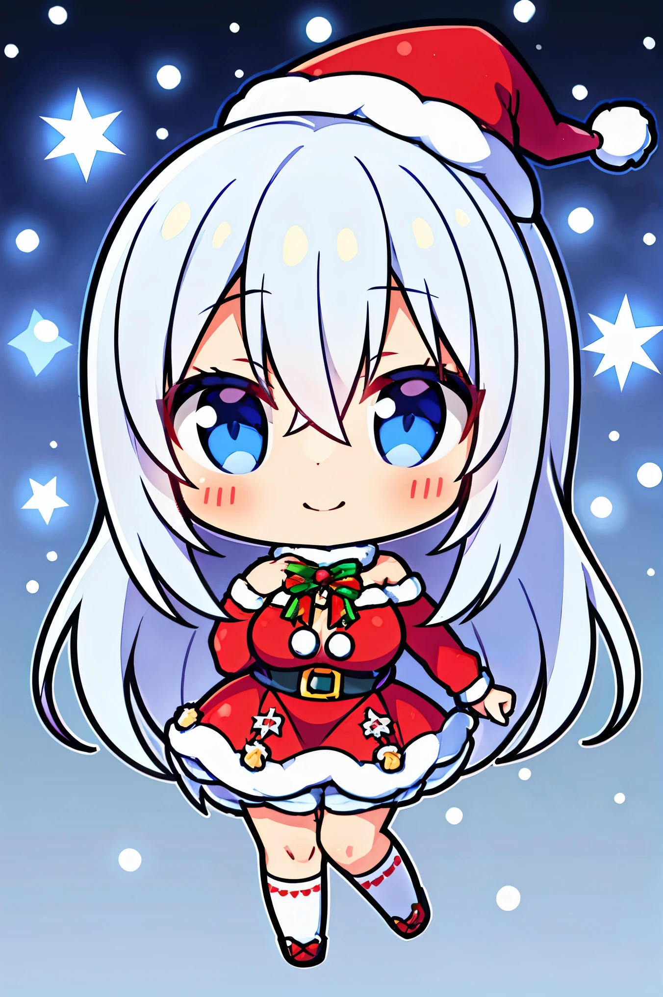 "anime girl, 1 person, silver white hair mixed with black, blue eyes, wearing headphones, Santa hat,Santa shirt, Santa outfit, Christmas outfit, red winter outfit, red winter dress, big breasts, long socks, standing cross-legged, smiling shyly, blushing, looking sideways, cold winter, snowing, suitable for Christmas gifts, Christmas,chibi,full body, solo(full HD Image 4K+)"