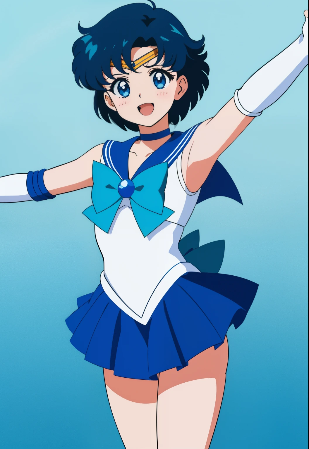 Top Quality Anime Art、masterpiece、high definition anime art、アニメstyles4K、Anime Boy、 boys、gender change、gender change(Girls to boys)、Sailor Mercury、solo、Sailor Senshi Uniform、Ami Mizuno、Masculinization、Blue choker、rating:safe、Blue-eyed boy、Blue sailor collar、Sky blue bow tie、Very short blue-haired boy、skirt、a blue skirt、blue_theme、white_theme、bow、smile、Magical Boy、white glove、elbowgloves、jewelry、White leotard、highleg leotard、robe blanche、open_mouth、back_bow、Splashes around him、official_style、耳环、Arms outstretched、looking_at_viewer、blush、cowboy_shot、aqua_theme、circlet、blue_background、white_background、a miniskirt、pleatedskirt、Bare shoulders、bare legs、(1990's\(styles\):0.9)、