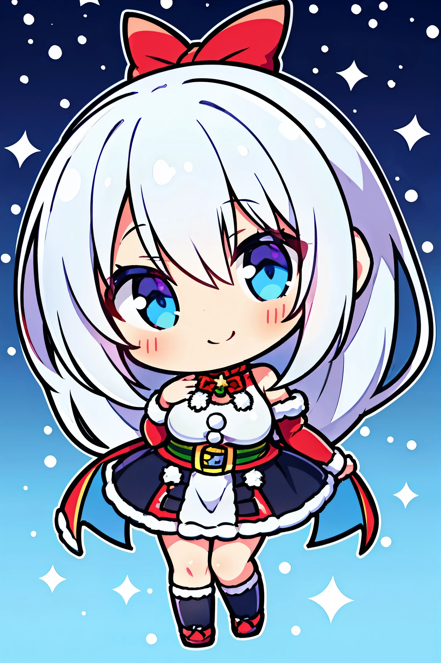 "anime girl, 1 person, silver white hair mixed with black, blue eyes, wearing headphones, Santa shirt, Santa outfit, Christmas outfit, winter outfit, red winter dress, big breasts, long socks, standing cross-legged, smiling shyly, blushing, looking sideways, cold winter, snowing, suitable for Christmas gifts, Christmas,chibi,full body, solo(full HD Image 4K+)"
