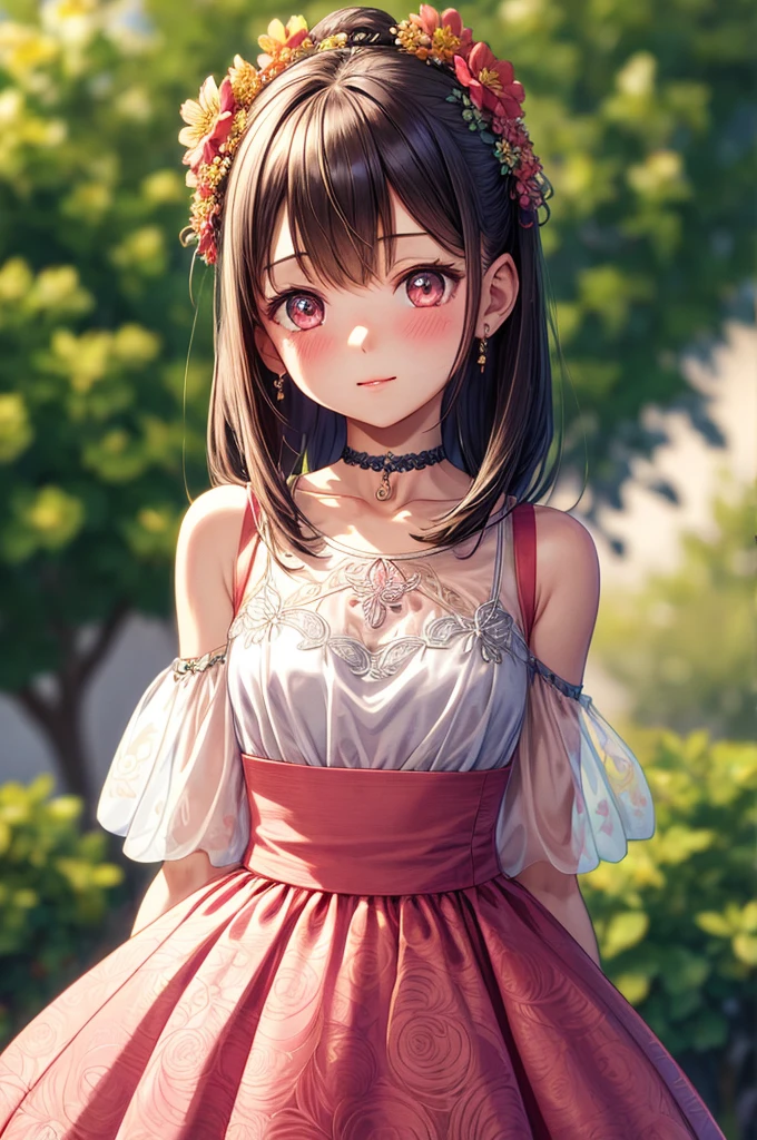 (Best Quality, masutepiece), 1girl in, Intricate details, off shoulders, Skirt, Choker, frilld, See-through, Looking at Viewer, blush, Upper body, Blurry background, with floral pattern, facing