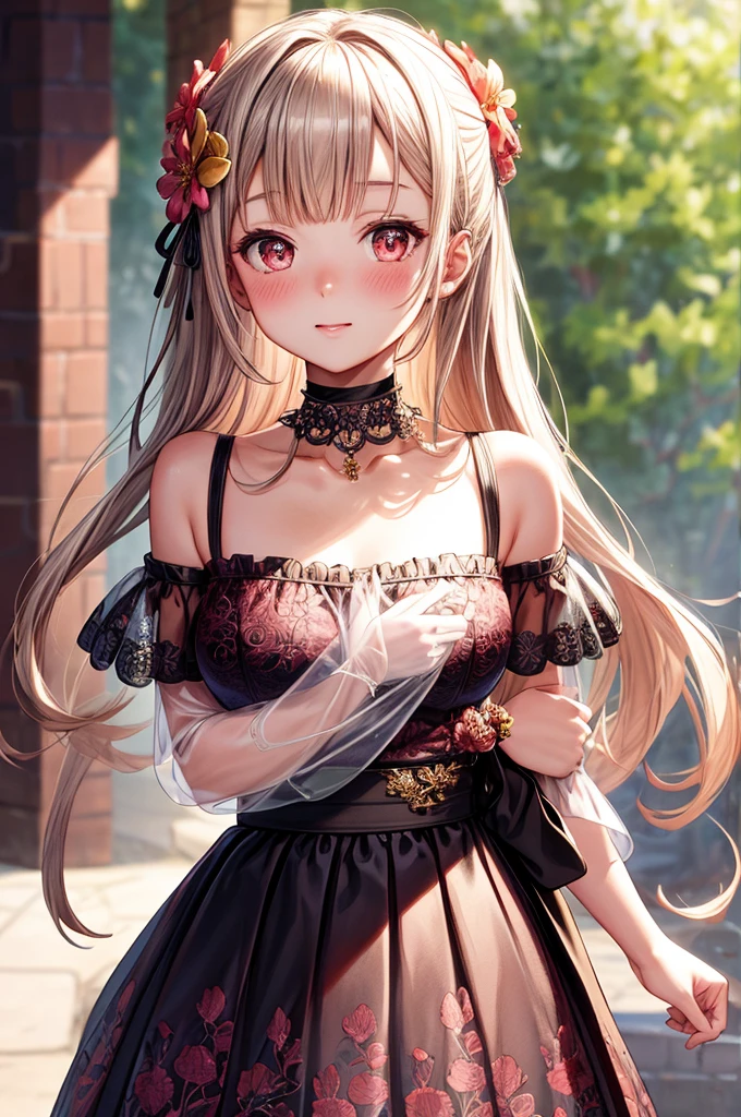 (Best Quality, masutepiece), 1girl in, Intricate details, off shoulders, Skirt, Choker, frilld, See-through, Looking at Viewer, blush, Upper body, Blurry background, with floral pattern, facing