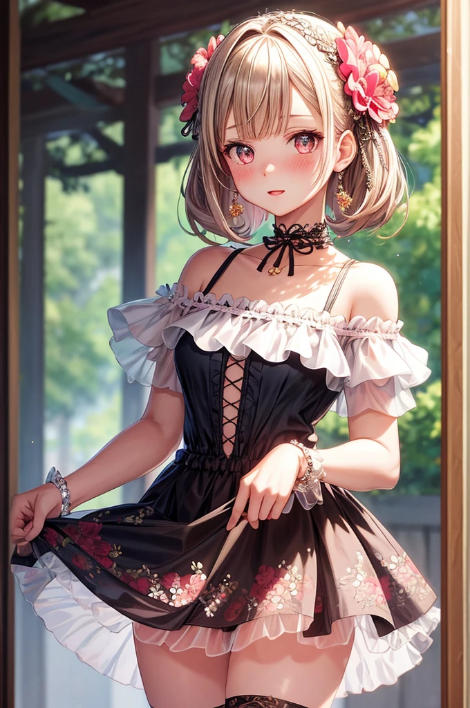 (Best Quality, masutepiece), 1girl in, Intricate details, off shoulders, Skirt, Choker, frilld, See-through, Looking at Viewer, blush, Upper body, Blurry background, with floral pattern, facing