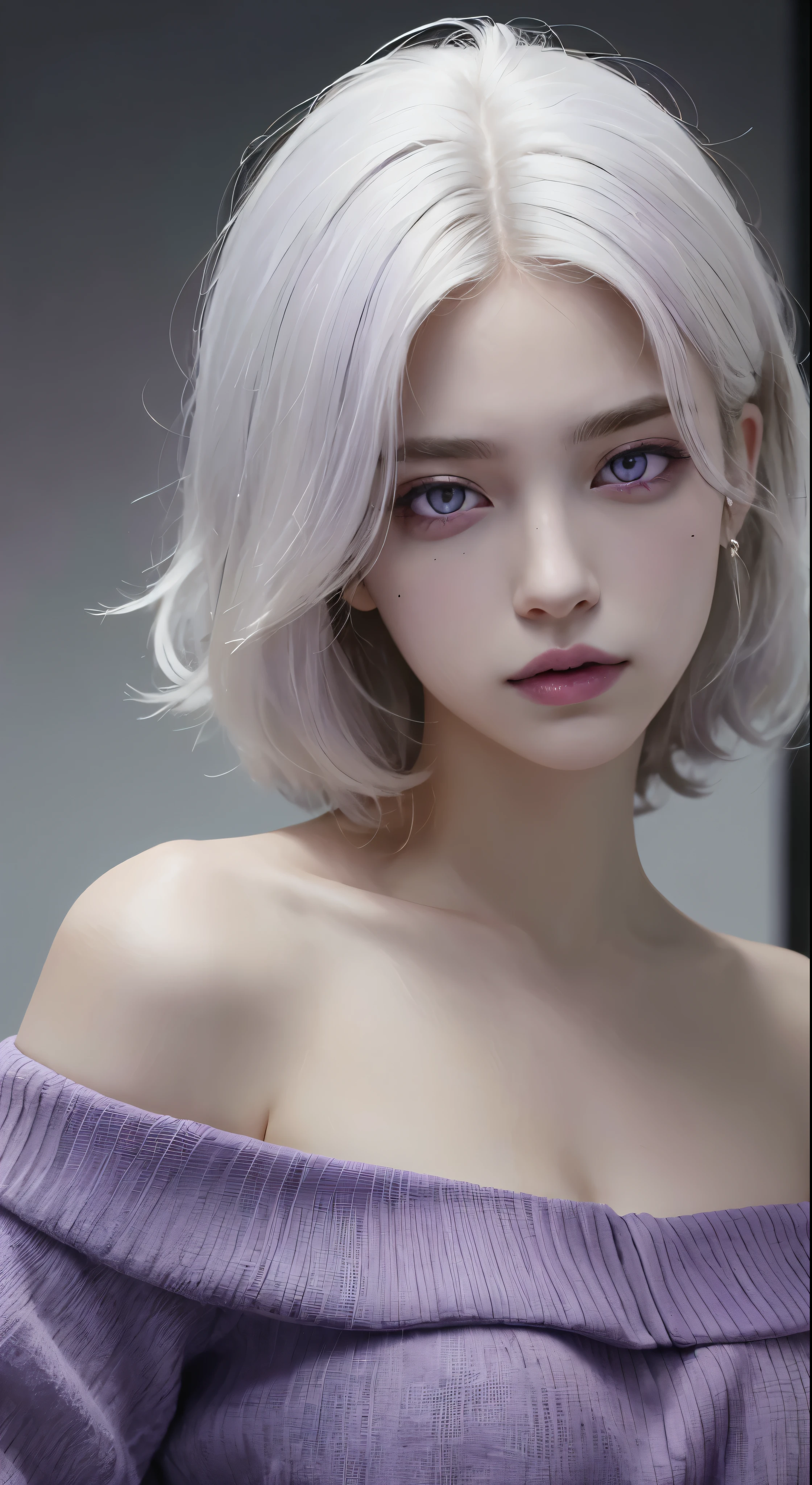 best quality, master part, ultra high-resolution, (fotorrealista:1.5), Foto RAW, 1girl, Fora do ombro, No escuro, sombra profunda, discreto, luz fria, olhar y, short cabelos brancos (((cabelos brancos)), (((Purple eyes)))