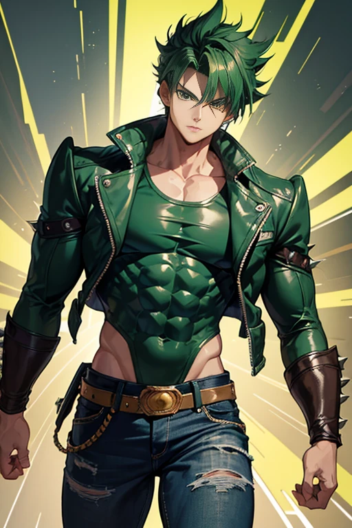 Highly detailed, (masterpiece), best quality, expressive eyes, perfect face, 1man, spiky wavy raising hair, Green hair, green eyes, Bulky Body Builder Masculine body, Green leather Jacket & Jeans