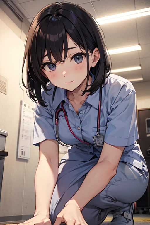 (One girl)、smile、Embarrassed、nurse、nurse、ピンクのnurse服、Light blue striped underwear、bed、From below、Dark brown short hair、Dark brown eyes、Spread your legs