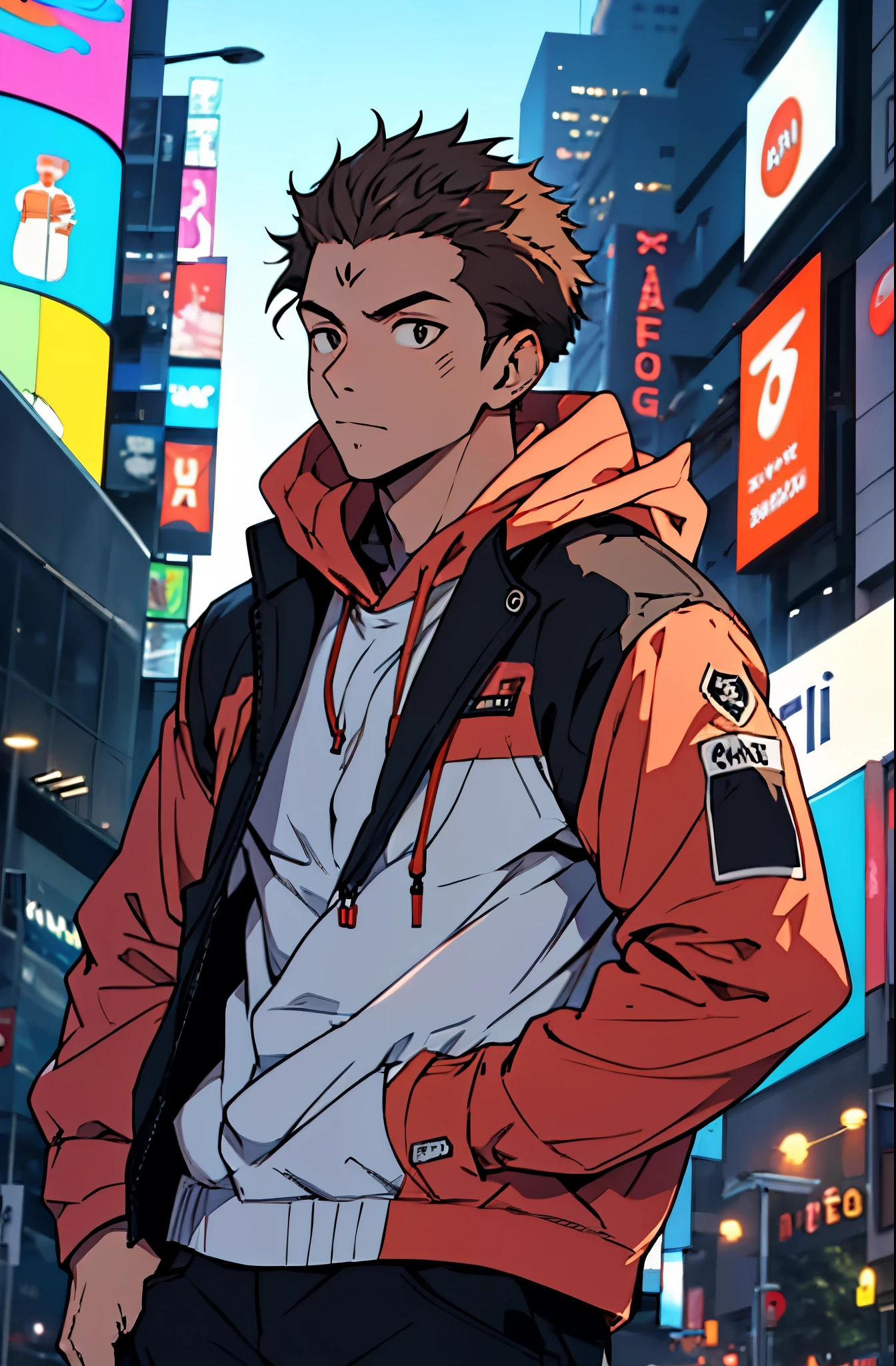 A mais alta qualidade, 8K, image high resolution, good ilumination, sombras detalhadas, Detailed strokes, no meio de uma avenida movimentada estilo Times Square de noite , inverno, apoiado em um dos postes, adolecente, Yuji Itadori, Dark Brown Hair , Brown Eyes, wearing a cold jacket , masculo , Tight chest in jacket , (angulo de baixo), (Angulo de Perto), pernas definidas, defined arms, com a camisa,