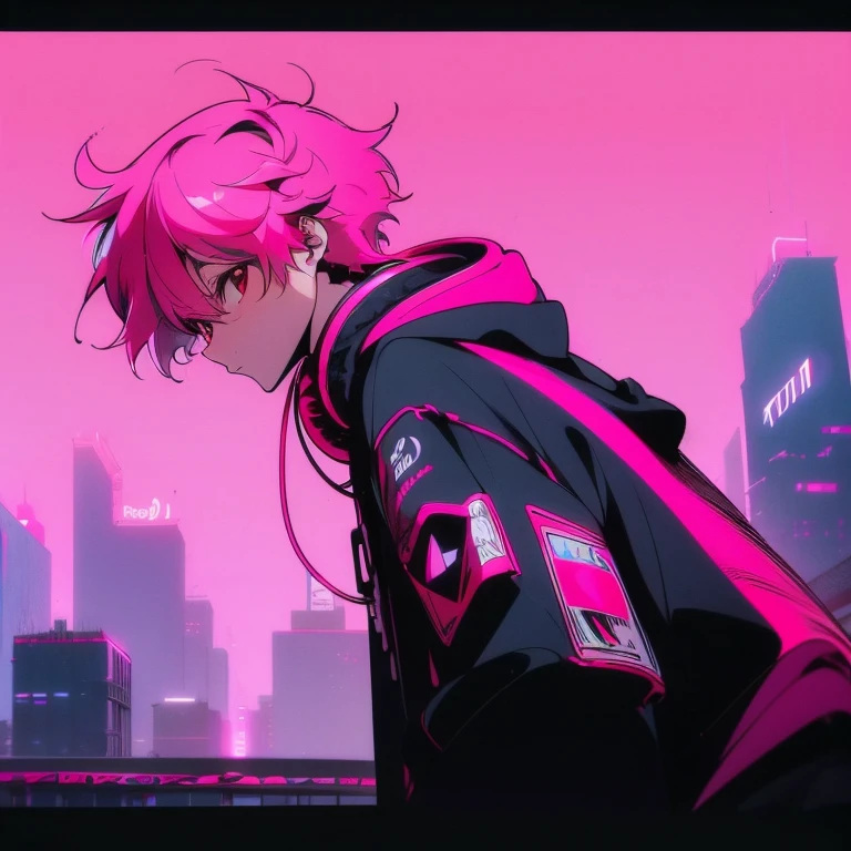 (short-cut), (Two-block hair), (vivid pink hair), (male character), (Red Eyes), (Cool pose), (of the highest quality), (​masterpiece), (ultra-detailliert), (Oversized hoodies), (headphones), (Street), (neons), (Camera from a down angle), (Modern City), (neonsデイライト), (Cinematic), (Stylish), (hight resolution), (Hyper Detailed), (Looking at the camera), (Anime-style), (Softtown), (nightcore), (a handsome man), (Listening to music), (natural appearance of the building), (casual), (ig studios anime style),