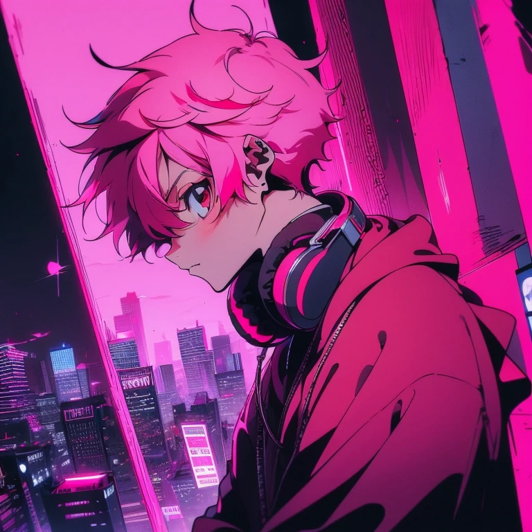 (short-cut), (Two-block hair), (vivid pink hair), (male character), (Red Eyes), (Cool pose), (of the highest quality), (​masterpiece), (ultra-detailliert), (Oversized hoodies), (headphones), (Street), (neons), (Camera from a down angle), (Modern City), (neonsデイライト), (Cinematic), (Stylish), (hight resolution), (Hyper Detailed), (Looking at the camera), (Anime-style), (Softtown), (nightcore), (a handsome man), (Listening to music), (natural appearance of the building), (casual), (ig studios anime style),