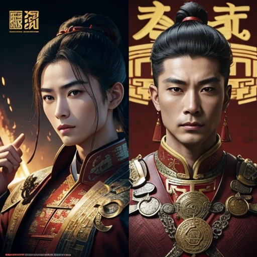 oriental、man in ancient chinese armor、ancient chinese hairstyle man、three kingdom、Military general、top-quality、​masterpiece、超A high resolution、(Photorealsitic:1.4)、Cinematic poster、Multiple introductions
