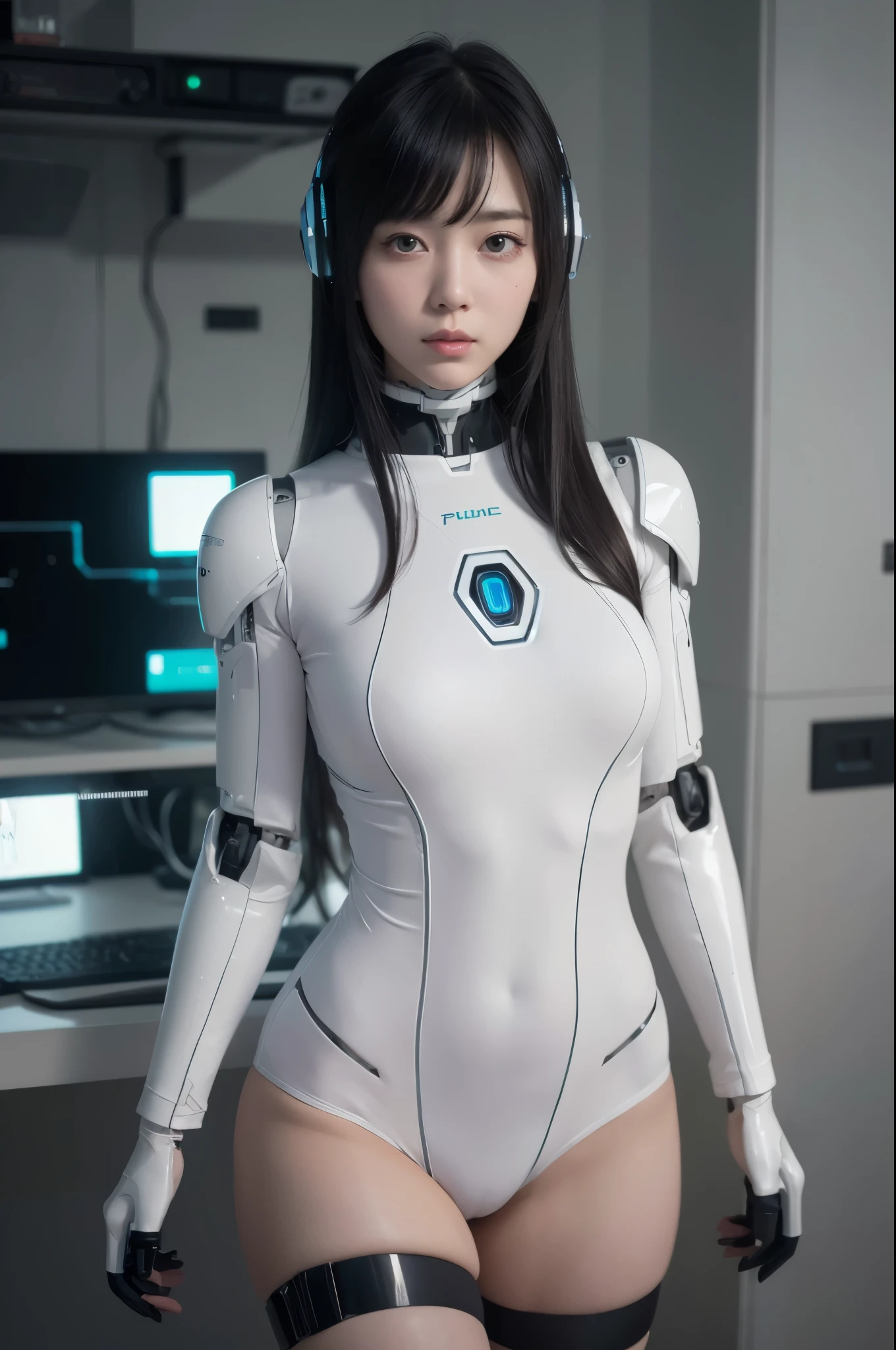 (photorealistic:1.4), (RAW photo)masterpiece, best quality, extremely detailed, (photorealistic:1.4), (RAW photo) (8K, 4K, Best Quality, hight resolution, 超A high resolution:1.1), (masutepiece, Realistic, Photorealsitic:1.1), 8k portrait, Japaese android Girl,Plump , black knee high socks,announcer,control panels,android,Droid,Mechanical Hand, , Robot arms and legs, Black Robot Parts,Black hair,Mechanical body,rompers,Blunt bangs,White abdomen,white body suits,White robotics parts,perfect robot woman,future laboratory,cyber pank,charging spot,laboratory,long tube,thick cable connected her neck,ceramic body ,full eyes,striking eyes,perfect mechanical body, white robot body,lod antenna,mechanical ear cover,android,robot humanoid,black sponge joints,