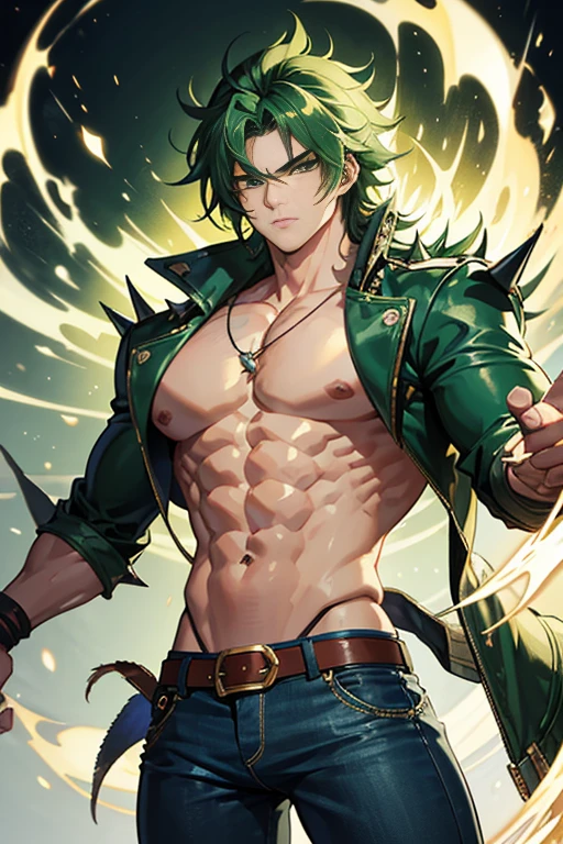 Highly detailed, (masterpiece), best quality, expressive eyes, perfect face, 1man, messy spiky wavy green raising hair, Green hair, green eyes, Bulky Body Builder Masculine body, Green leather Jacket & Jeans