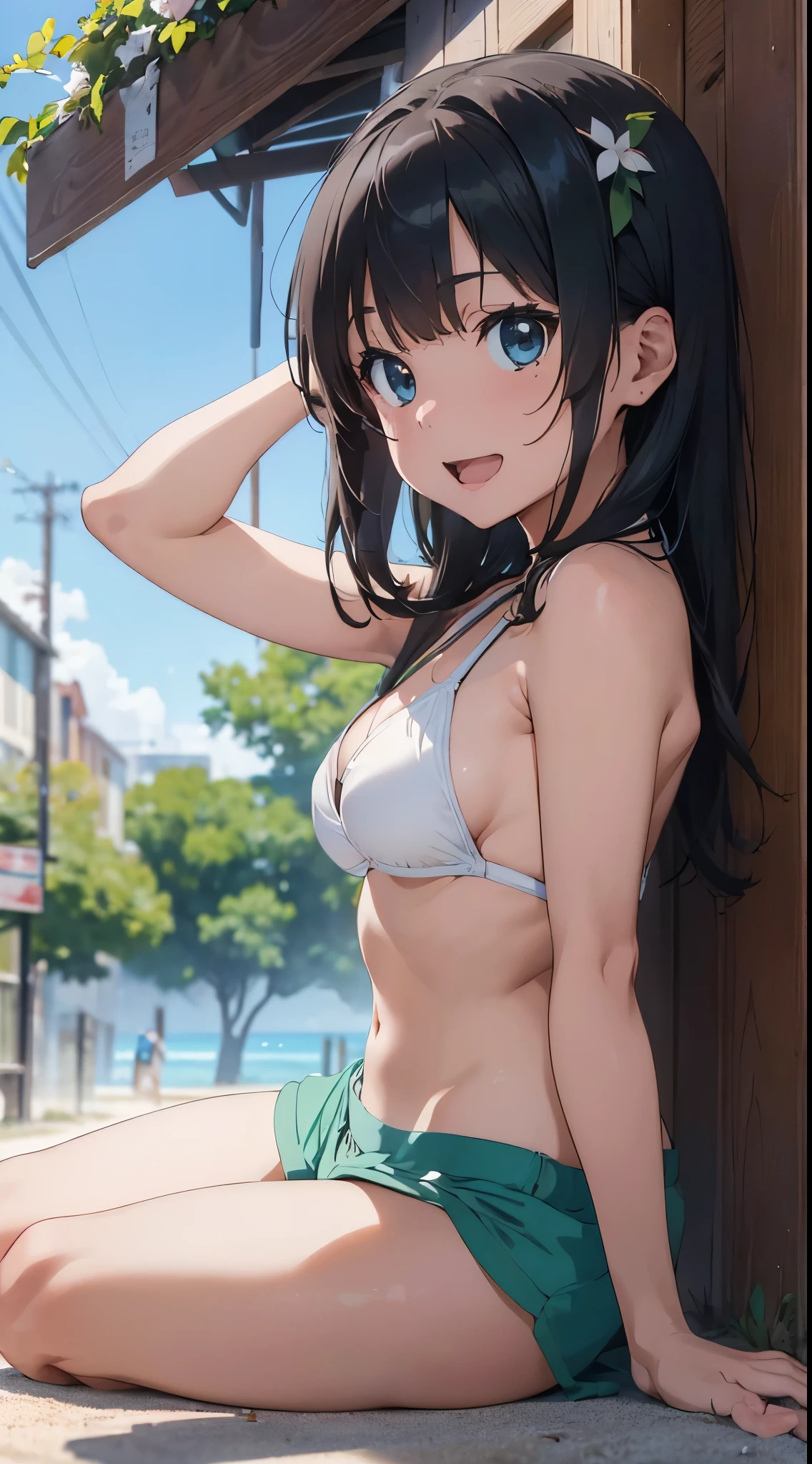 (Official art、Best Quality、Unity 8k Wallpapers、32K、masterpiece、ultra-detailliert、超A high resolution、realisitic、Photorealsitic:1.2)、(Cinematic lighting:1.2)、Fireglow effect、The grainiest shadow of the film、Rim lighting、side lights、sideshot、(ultra-detailliertで複雑な3Dレンダリング)、Detailed beautiful face and eyes、A slender、Medium bust、(Full body:1.2)、 Highly detailed background、beauitful face、blurry backround、-yeld beiful girl、(ultra-detailliertなスキン、detailed skin textures:1.3)、A dark-haired、Hip Hop Cable、(thighs thighs thighs thighs:0.8)、Knitted sandals、((sand beach))、Smile with open mouth、(Nariko Saten),Blue eyes,((White bikini,Green shorts))