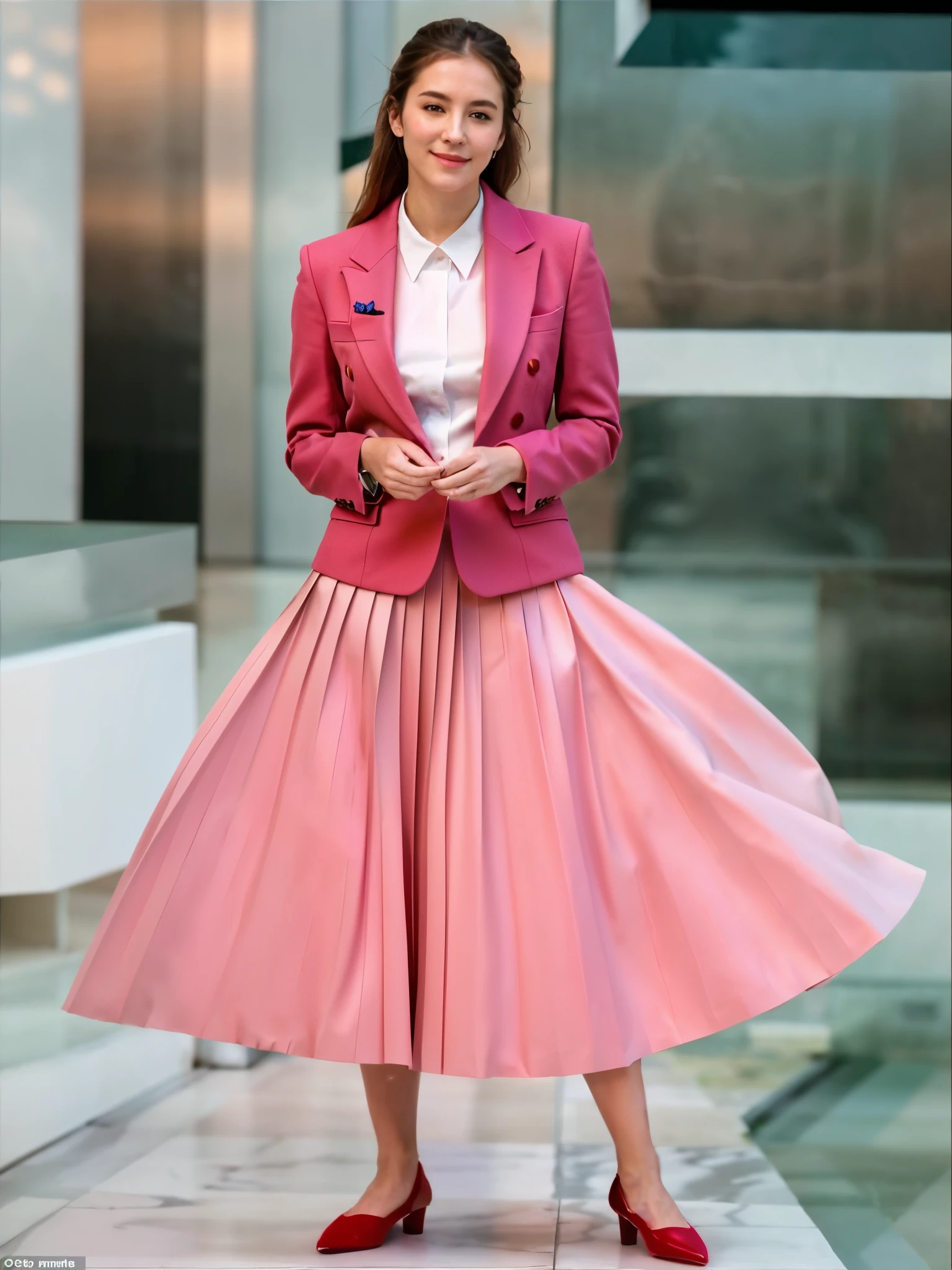 (shy:1,3) smiling woman playing with skirt, dancing, wearing short blazer and very very detailed (long (fully pleated) full circle skirt) and (low heeled) office shoes, very very intricate hyper-detailed symmetric (attractive graceful young feminine face) with (sad, tired eyes and a shy smile), large breasts, full of empathy and compassion and love, (pronounced (feminine) features), (highly detailed ultra accurate realistic) hands and fingers, (windy conditions and wind blowing), epic composition, highly detailed attributes, highly detailed space station background, (35mm f1.4 Kodak portra 400 photograph), extremely high quality RAW photograph,