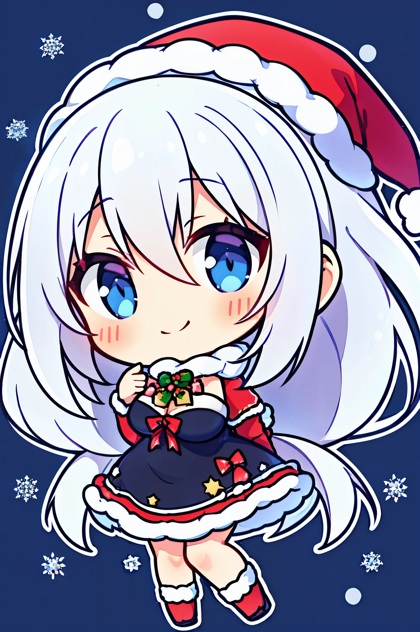 "anime girl, 1 person, silver white hair mixed with black, blue eyes, wearing headphones, Santa shirt, Santa outfit, Christmas outfit, winter outfit, red winter dress, big breasts,  long socks, standing cross-legged, smiling shyly, blushing, looking sideways, cold winter, snowing, suitable for Christmas gifts, Christmas,chibi,full body, solo(full HD Image 4K+)"