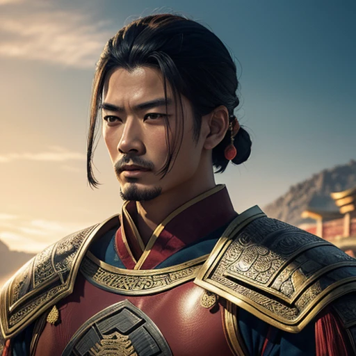 oriental、man in ancient chinese armor、ancient chinese hairstyle man、three kingdom、Military general、top-quality、​masterpiece、超A high resolution、(Photorealsitic:1.4)、Cinematic poster、Multiple introductions