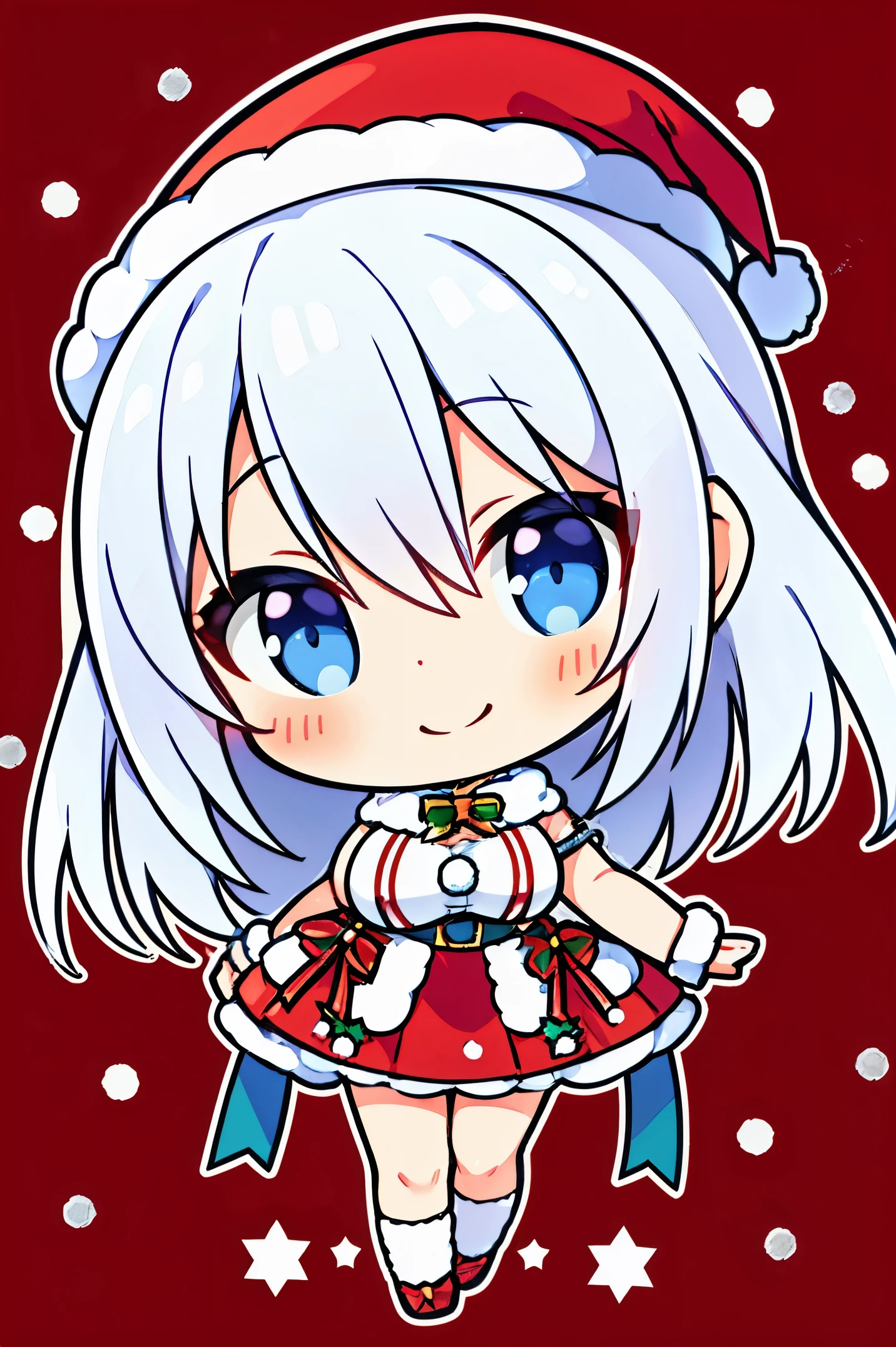 "anime girl, 1 person, silver white hair mixed with black, blue eyes, wearing headphones, Santa hat,Santa shirt, Santa outfit, Christmas outfit, red winter outfit, red winter dress, big breasts,  long socks, standing cross-legged, smiling shyly, blushing, looking sideways, cold winter, snowing, suitable for Christmas gifts, Christmas,chibi,full body, solo(full HD Image 4K+)"