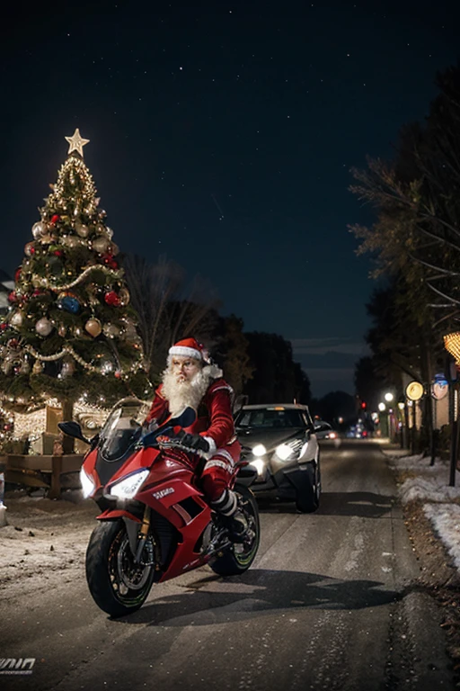 Generate me a picture of Santa Claus in the night sky while pulling a cart of deer, swapping for a Ducati Panigale V4 R; Yamaha YZF-R1M； Kawasaki Ninja H2R； BMW S1000RR