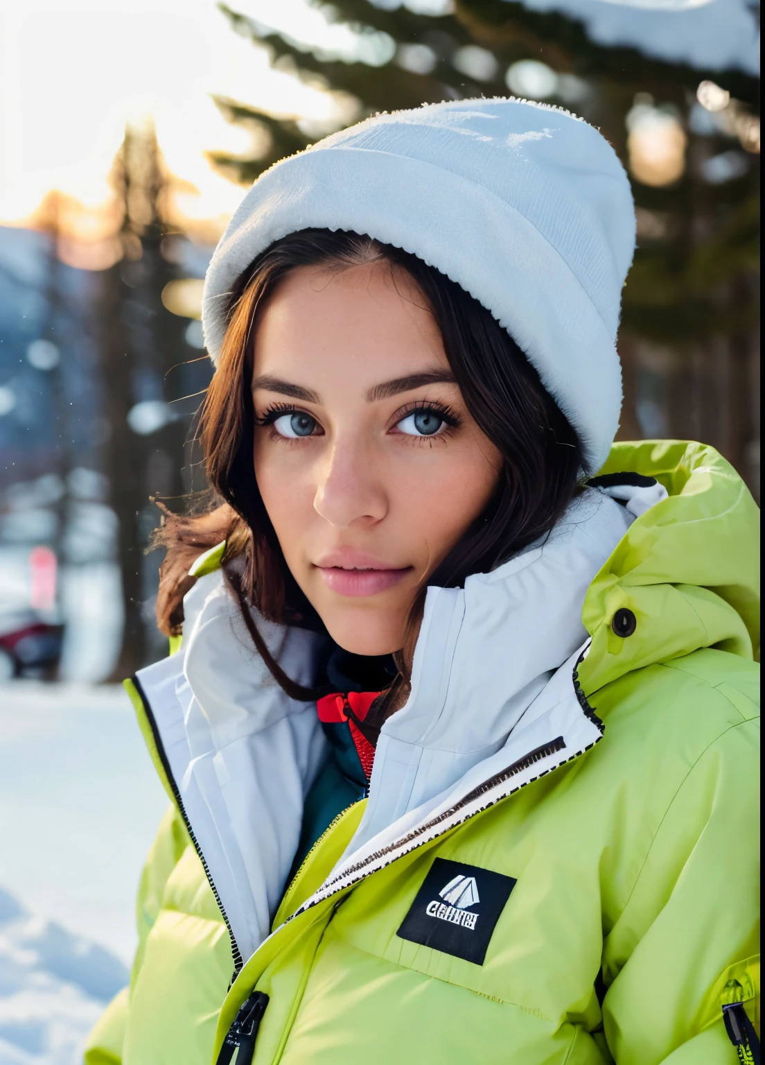 woman snowboarding, in the snow, wearing a puffer jacket, wearing snowboarding pants, with a snowboard, detailed snowboard, detailed pants, highly detailed hands, 26 years old, wavy dark hair, very detailed, light eyes, light green eyes, high-res, masterpiece, best quality, intricate details, sharp focus, detailed skin, realistic skin texture, detailed eyes, professional, 4k, canon shooting, perfect fit body, extremely detailed, photo realistic, real life, photo taken from at least 30 feet away, high aperture photo