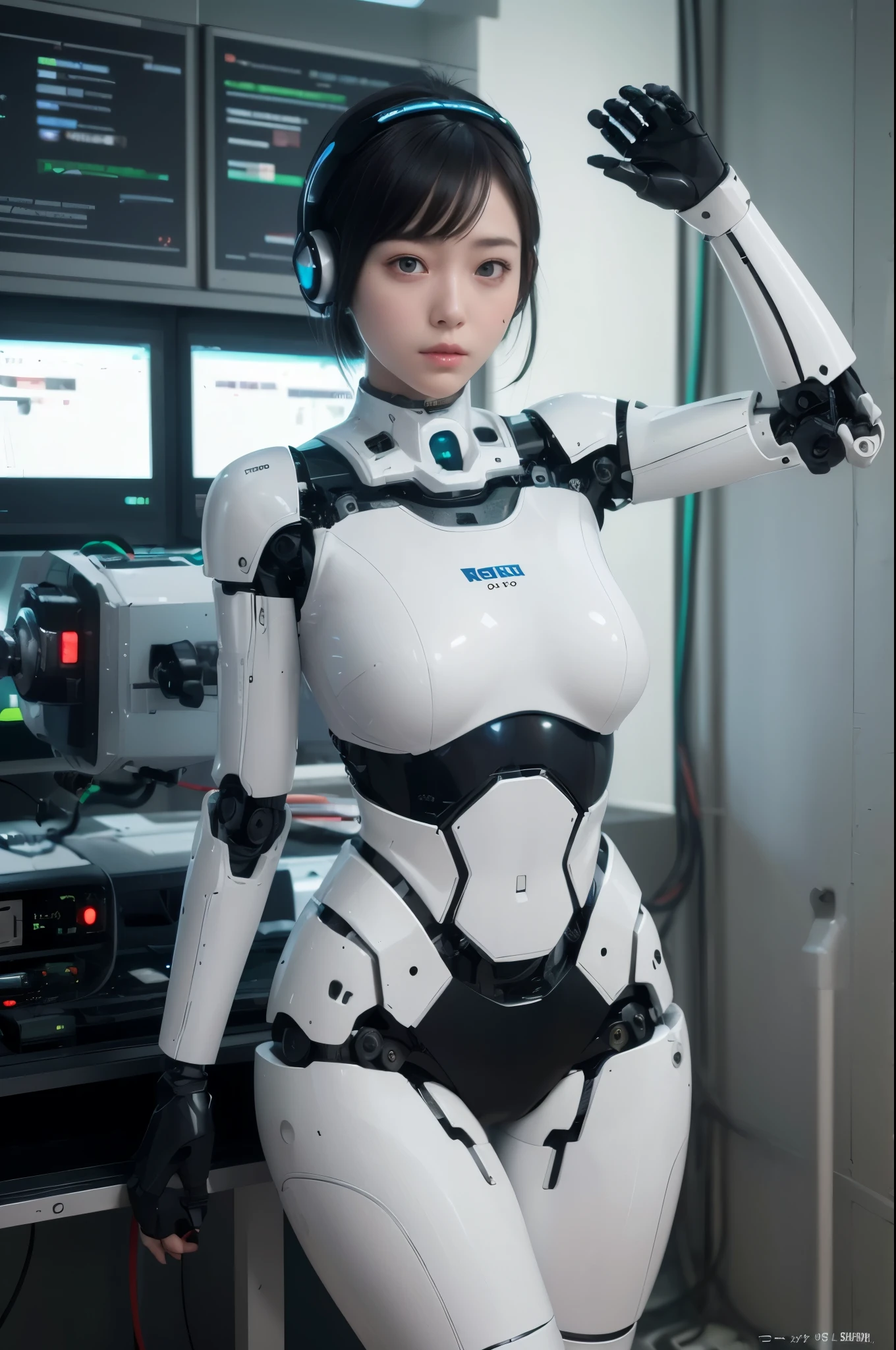 (photorealistic:1.4), (RAW photo)masterpiece, best quality, extremely detailed, (photorealistic:1.4), (RAW photo) (8K, 4K, Best Quality, hight resolution, 超A high resolution:1.1), (masutepiece, Realistic, Photorealsitic:1.1), 8k portrait, Japaese android Girl,Plump , black knee high socks,announcer,control panels,android,Droid,Mechanical Hand, , Robot arms and legs, Black Robot Parts,Black hair,Mechanical body,rompers,Blunt bangs,White abdomen,white body suits,White robotics parts,perfect robot woman,future laboratory,cyber pank,charging spot,laboratory,long tube,thick cable connected her neck,ceramic body ,full eyes,striking eyes,perfect mechanical body, white robot body,lod antenna,mechanical ear cover,android,robot humanoid,black sponge joints,