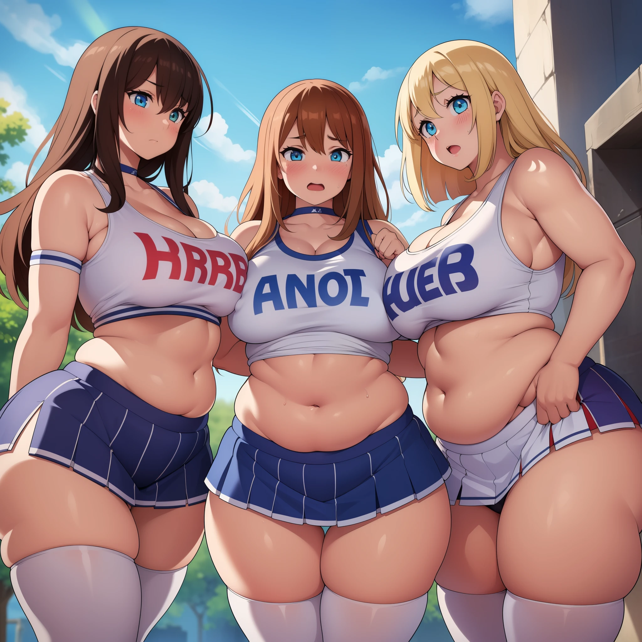 ((Masterpiece)), perfect anatomy, perfect shading, field of depth, (best quality), extremely delicate and beautiful, perfect lighting, detailed face, ultra cute face, cute, (cowboy shot 1.2), full body, (((2girls))), ((2 girls 1 and 2))
Girl 1: has long hair, fluffy hair, blonde hair, blue eyes, ((blush)), (embarrassed), extremely tight clothes, medium breasts, cleavage, perky breasts, ((wide hips)), (thick thighs), ((chubby)), pudgy belly, fat rolls, belly hang,
Girl 2: has short hair, fluffy hair, brown hair, green eyes, ((blush)), worried, chocker, extremely tight clothes, medium breasts, cleavage, perky breasts, (((wide hips))), ((thick thighs)), ((big butt)), ((plump)), chubby belly, fat rolls, belly hang, she has a jiggly belly,
school gym, intricate background, detailed background, girls are standing next to each other, ((cheerleader uniform)), (blue and white tank top 1.2), (short section skirt 1.2), thigh highs,