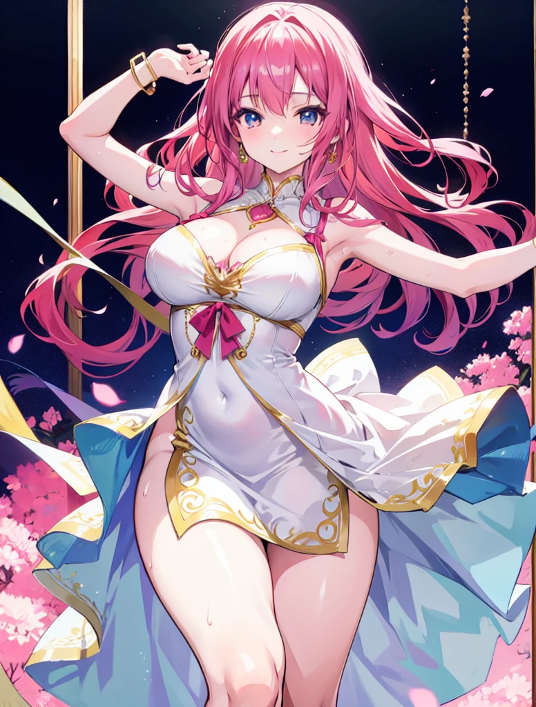 anime girl in a beautiful dress, beautiful breasts, smile, beautiful hair, dancing, elegance, luxury room, sweat
