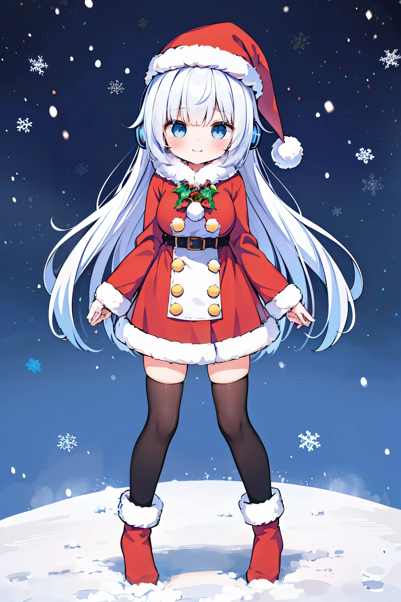 "anime girl, 1 person, silver white hair mixed with black, blue eyes, wearing headphones, Santa hat,Santa shirt, Santa outfit, Christmas outfit, red winter outfit, red winter dress, big breasts, long socks, standing cross-legged, smiling shyly, blushing, looking sideways, cold winter, snowing, suitable for Christmas gifts, Christmas,chibi,full body, solo(full HD Image 4K+)"