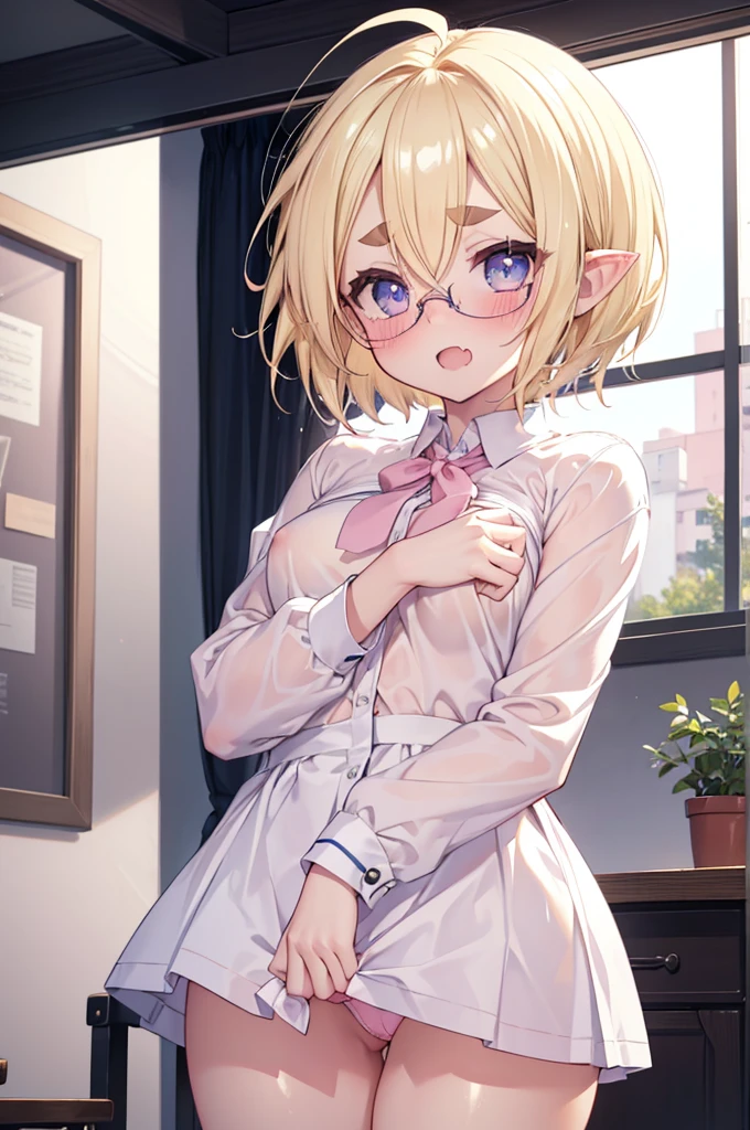 ultra detailed, best quality, high resolution, ((8k)), ((1girl)), pale skin, petite, (glossy blonde hair:1.5), ((very short hair:1.6)), (ahoge:1.4), (glasses), pointy ears, (blush:1.5), blue eyes, medium breasts, cowboy shot, school uniform, ((fang:1.5)), open mouth, ((forehead:1.3)), (thick eyebrows:1.3), ((nsfw)), ((shirt lift)), ((panty shot)), pink panty, pink bra