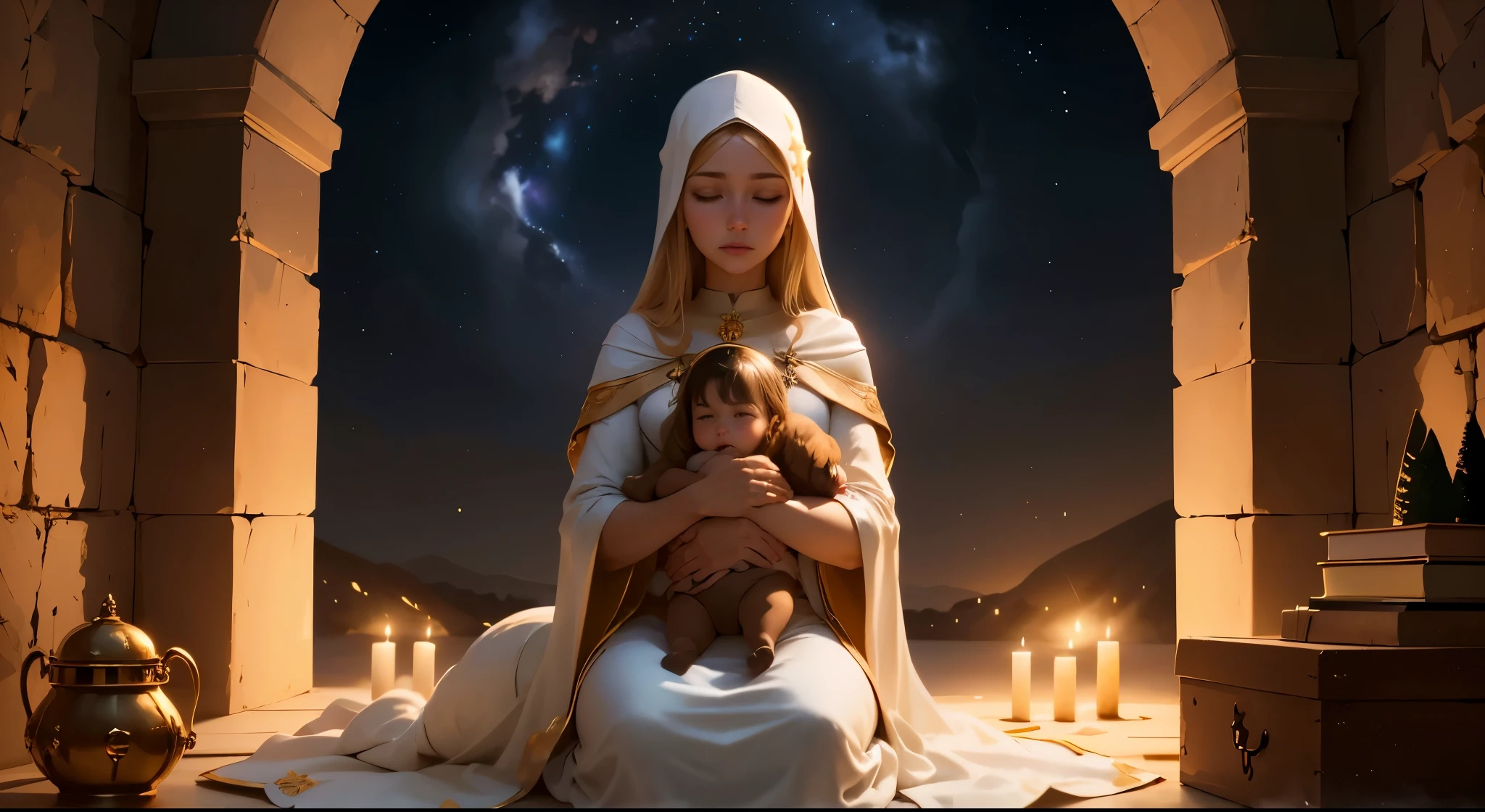 See a peaceful environment under the starry sky of Belém. A rustic manger, esculpido em madeira envelhecida, rests in a stable, illuminated by the soft light emitted by the star of Bethlehem. Em torno dele, poeira dourada flutua no ar, creating atmospheric magic. A estrela brilha intensamente no topo, casting golden rays that delicately touch the manger and illuminate the Holy Family. MARIA, com um semblante sereno e olhos amorosos, tenderly holds the newborn Jesus in her arms. Josh, ao lado, protects the sacred scene with reverence and admiration. The scene is completed with the presence of shepherds, kneeling in gratitude, and invisible angels, whose presence is felt in the softness of the night breeze. The setting conveys a sense of peace and reverence, capturando o momento sublime do nascimento de Salvador. This image offers an intimate and enchanting look at what is most meaningful about Christmas, convidando os espectadores a contemplar a beleza e a simplicidade deste milagre divino. mais claro em HD e 4k. o bebe com mais detalhes.