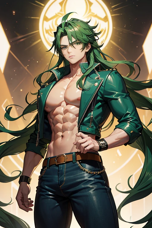 Human body with snake's tail, green hair, red eyes, male