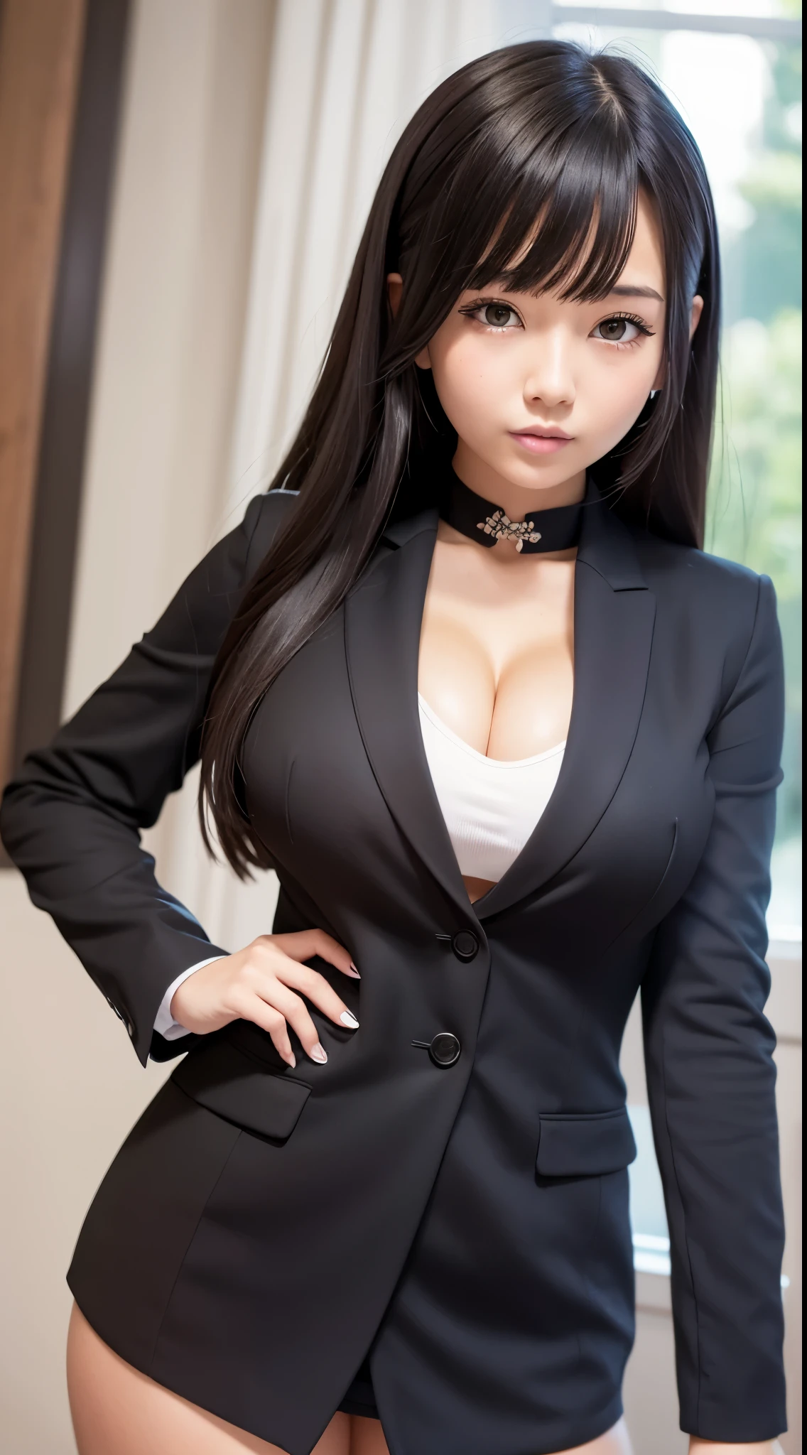 ((Best Quality)), ((masutepiece)), (Detailed), (highlight), Perfect face　Young girl with detailed face showing cleavage、Red eyes and long, thick, glossy, beautiful black hair with blunt bangs、Single-color background、Standing wearing school uniform with blazer and miniskirt、