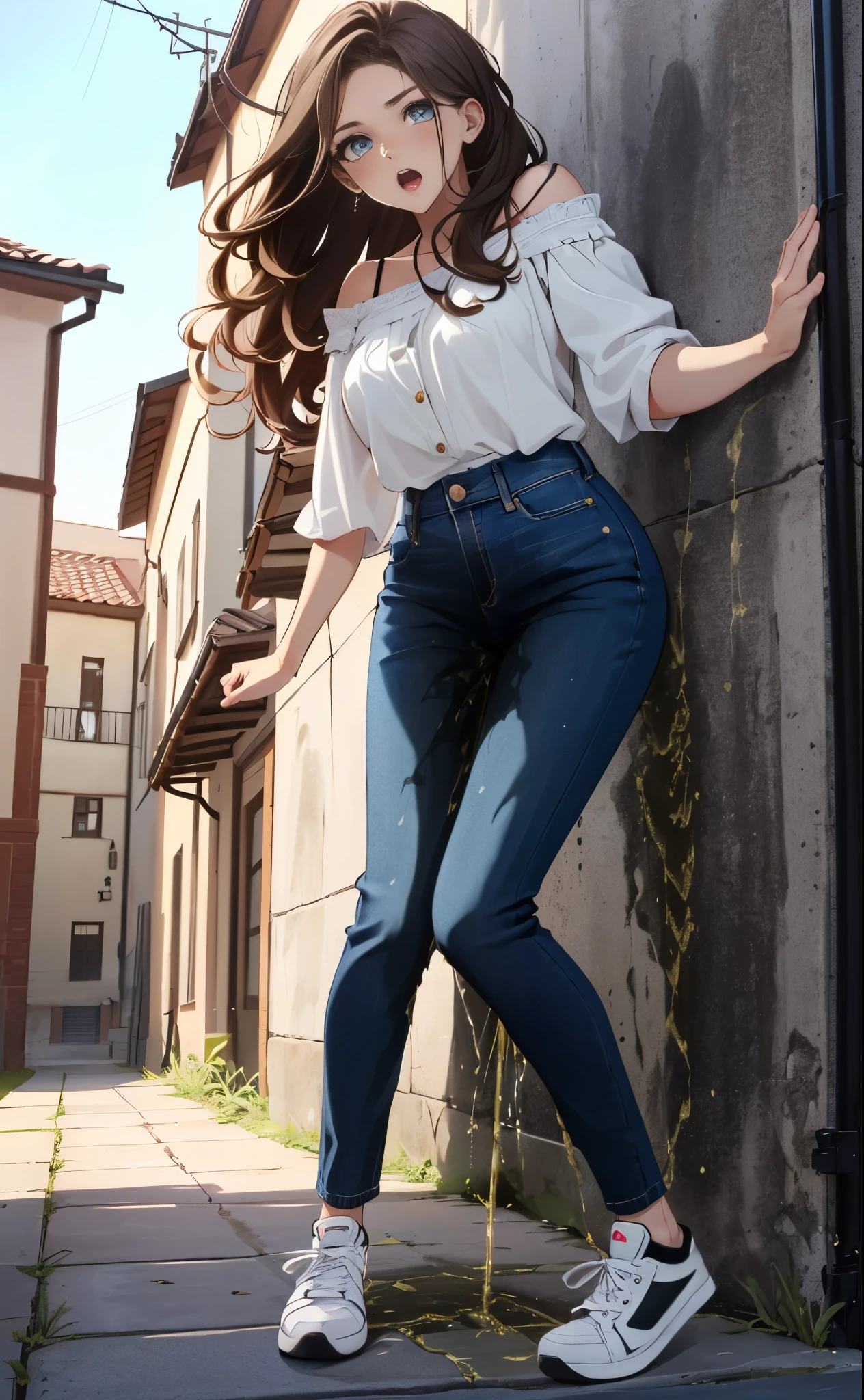 (8K、masterpiece、Highly detailed background、high resolution)、（Beauty、20-year-old、Straight Hair、Brown Hair）、((whole body、Full Body Shot))、 town、White tank top、denim bunts、Cleavage、smile