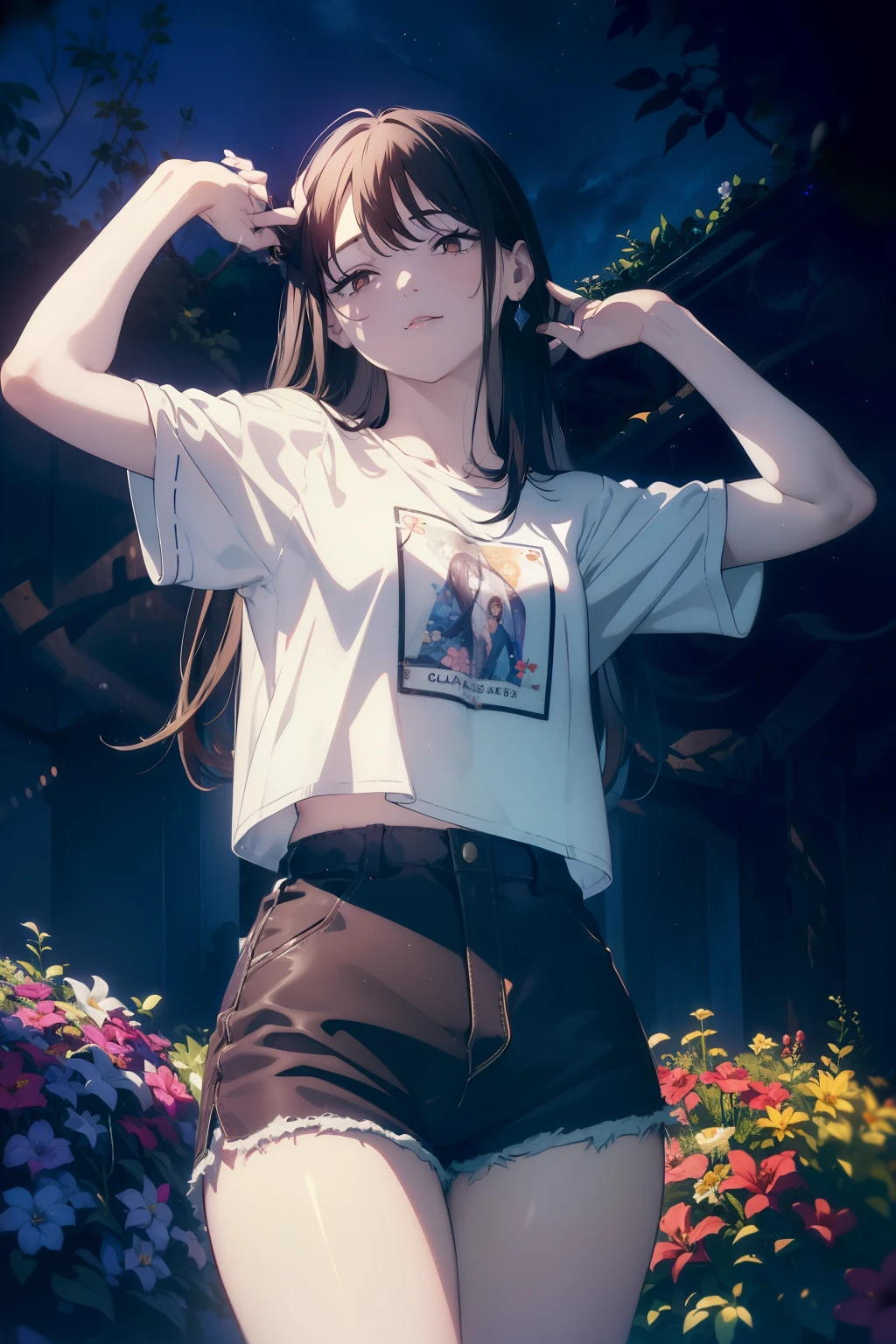 ((((Obra maestra, La mejor calidad, ultrahigh resolution)))), 1girl, standing, (baggy white t-shirt, loose fitting blue shorts, long back hair, long dark black hair, pale skin, ((shining brown eyes)), ((ultra detailed eyes:0.7, beautiful and detailed face, detailed eyes:0.9)), ((centered)), smile, (wide shot), facing viewer, (((vibrant background of outside, LSD flowers, bright lighting, darkneslat chested, ((looking at viewer)), ((half closed eyes)), ((perfect hands)), ((head:1, hips, elbows, arms, in view)), empty eyes, beautiful lighting, defined subject, 25 years old, ((a very cool image)),