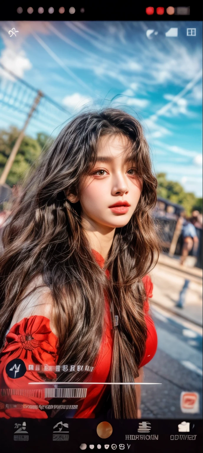 masterpiece、8K、32K、top-quality、(A detailed eye)、(A cute Japanese woman、bangss)、23years old、1 girl in、elegent、(Detailed background depiction、portlate:1.2)、(Starry sky)、moonlights、Red dress、ssmile、邪魔なbangss