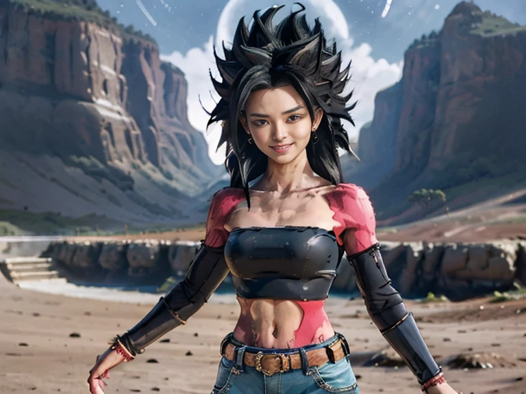 centered, award winning upper body portrait, cowboy shot, (looking at viewer:1.2), | solo, standing, smile, smug, Caulifla_DB,  bare shoulders, midriff, baggy pants, | space, stars, planet, | bokeh, depth of field, cinematic composition, |  dynamic pose,