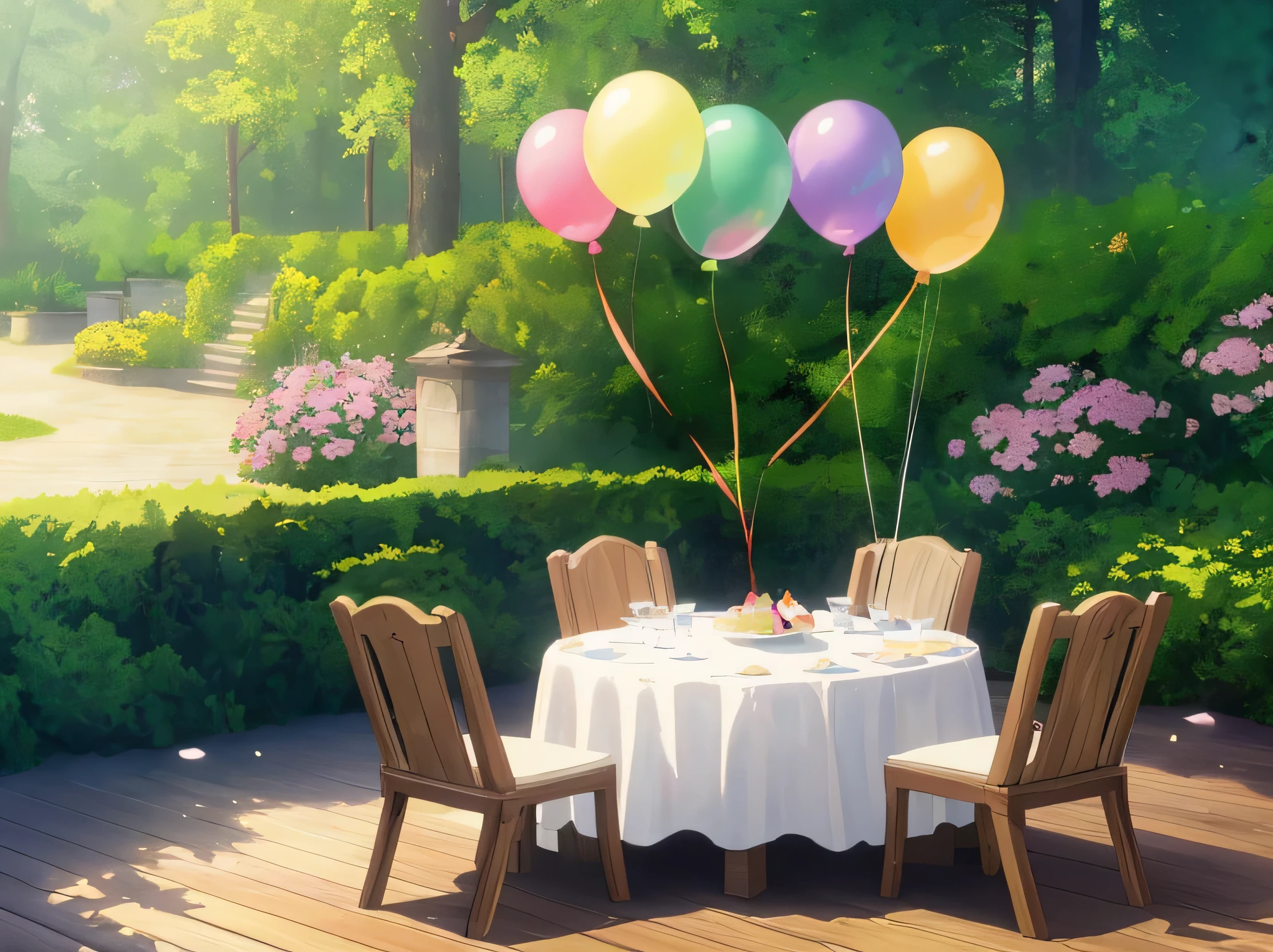​masterpiece、top-quality、(the Extremely Detailed CG Unity 8K Wallpapers)(top-quality)、(the most realistic landscape)、(Best Shadows) naturey」、Delicate leaf petals fall into the air rays Tracking、ultra-detailliert ，outdoor party venue，Large garden、colorful fruits on wooden table、Big Cake、colorful balloon decoration --v6