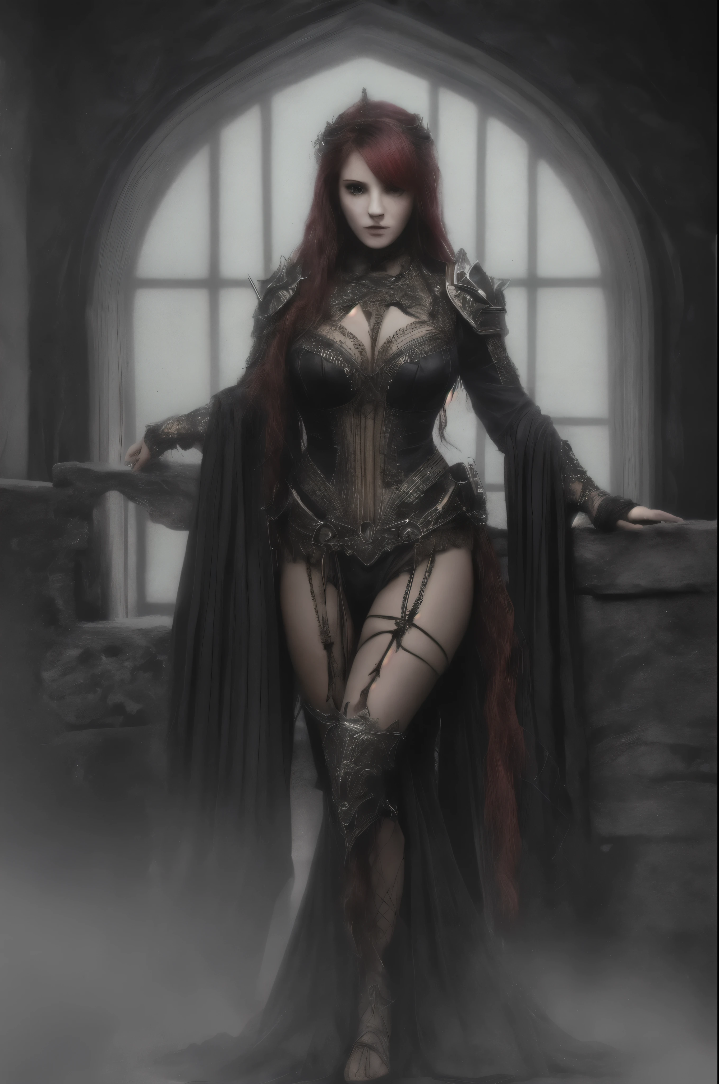 (realisti:1.2), Analog Photography Style, cute woman with short black and red multicolored hair, red eyes, (gloomy and dark atmosphere), soft natural lighting, Faded colors, Sexy, great quality, Masterpiece, Detailed fantasy backstory, Better Performance, 16k quality, HDR, RAW photo
