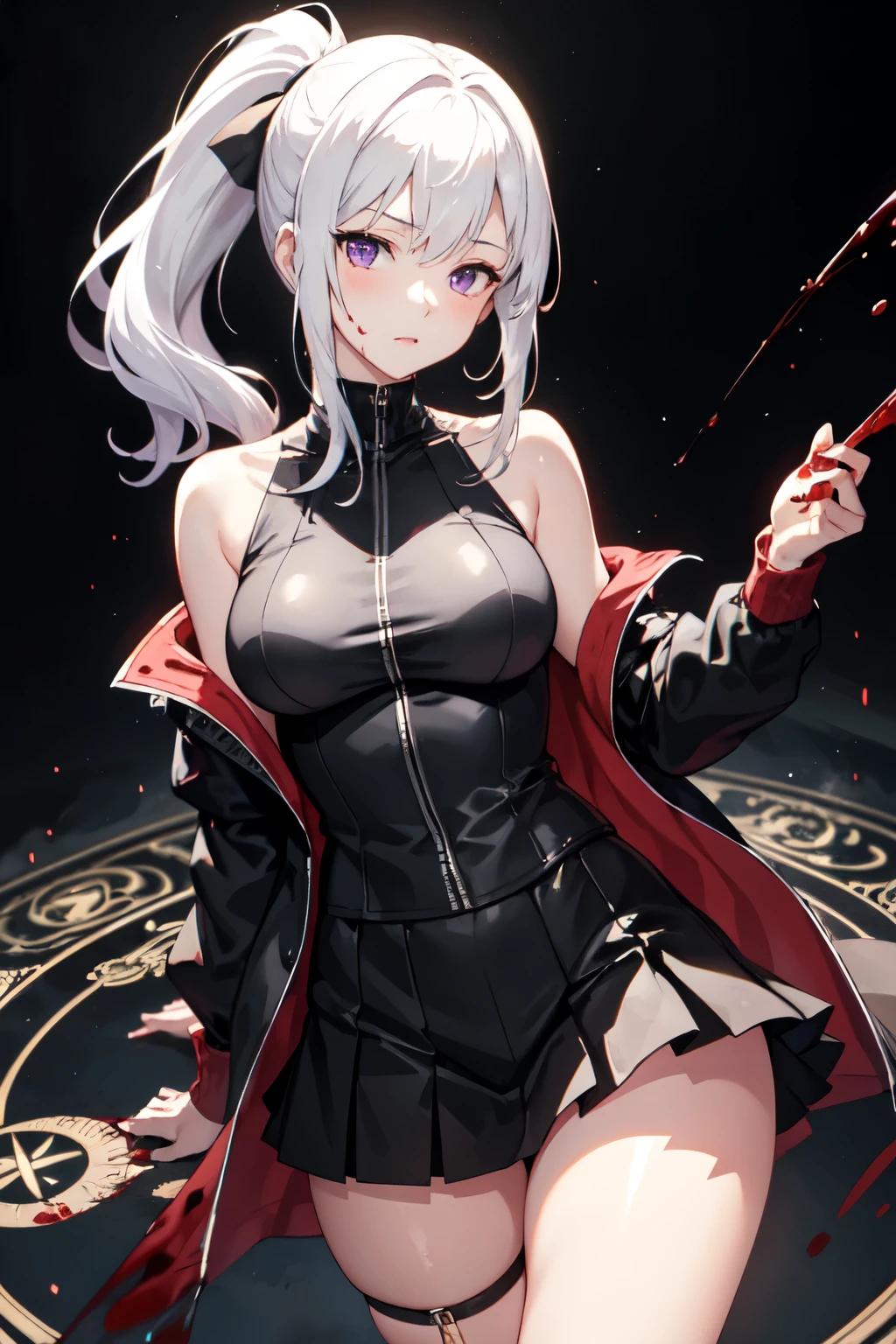1girl in, Ponytail ,White hair, Purple eyes, Magic Circle, Wallpaper, landscape, Blood, Blood splatter, depth of fields, Night, light Particle, llight rays, side lights, thighs thighs thighs thighs, Fate \(Series\), Open jacket, Skirt, thighs thighs thighs thighs, cloud