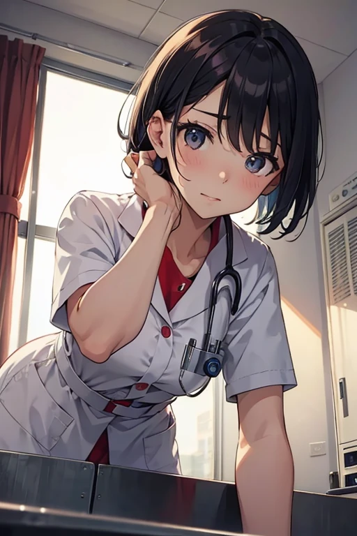 1girl,yo,,on bed,nurse hat,nurse costume,miniskirt
