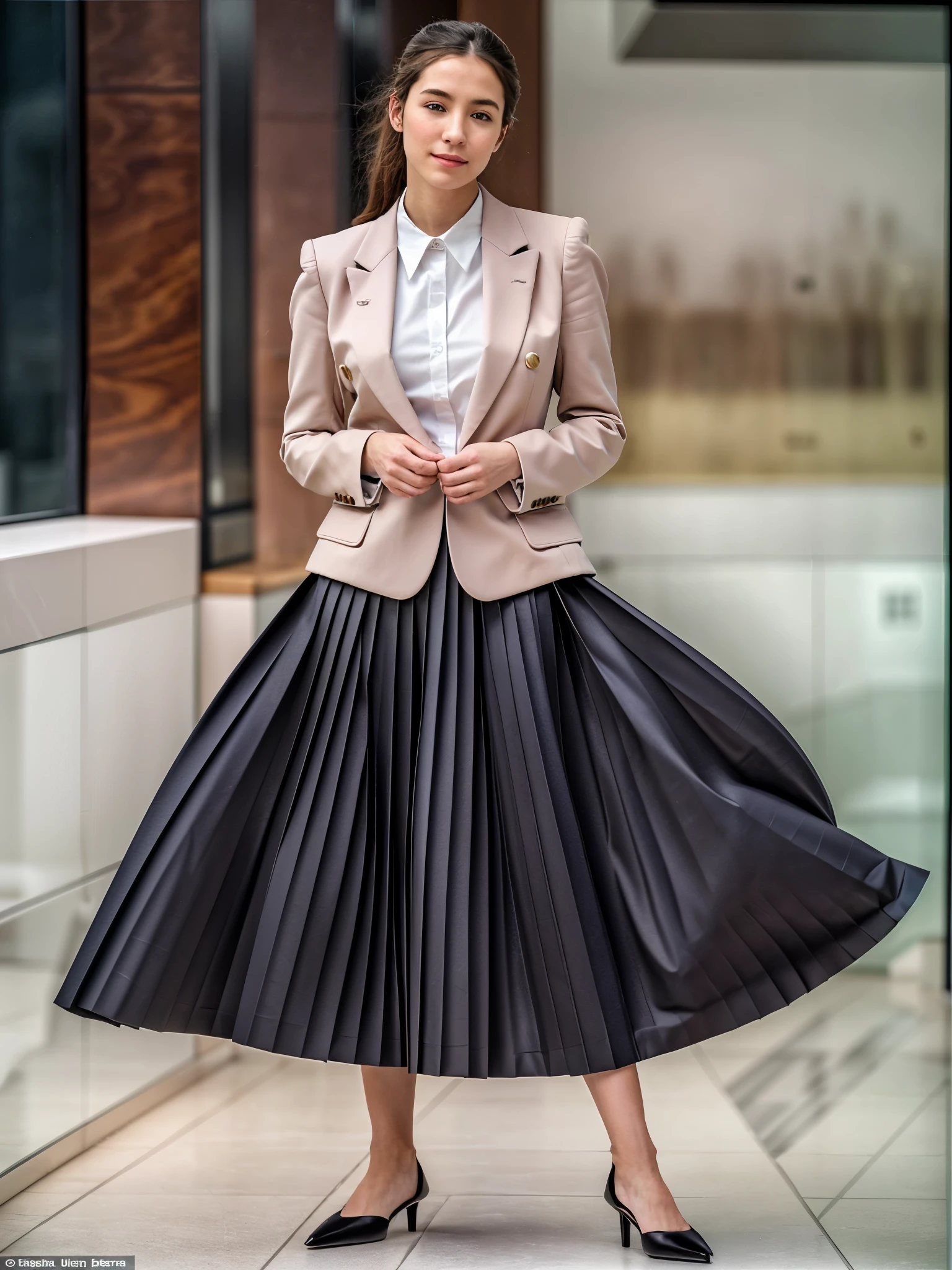 (shy:1,3) smiling woman playing with skirt, dancing, wearing short blazer and very very detailed (long (fully pleated) full circle skirt) and (low heeled) office shoes, very very intricate hyper-detailed symmetric (attractive graceful young feminine face) with (sad, tired eyes and a shy smile), large breasts, full of empathy and compassion and love, (pronounced (feminine) features), (highly detailed ultra accurate realistic) hands and fingers, (windy conditions and wind blowing), epic composition, highly detailed attributes, highly detailed space station background, (35mm f1.4 Kodak portra 400 photograph), extremely high quality RAW photograph,