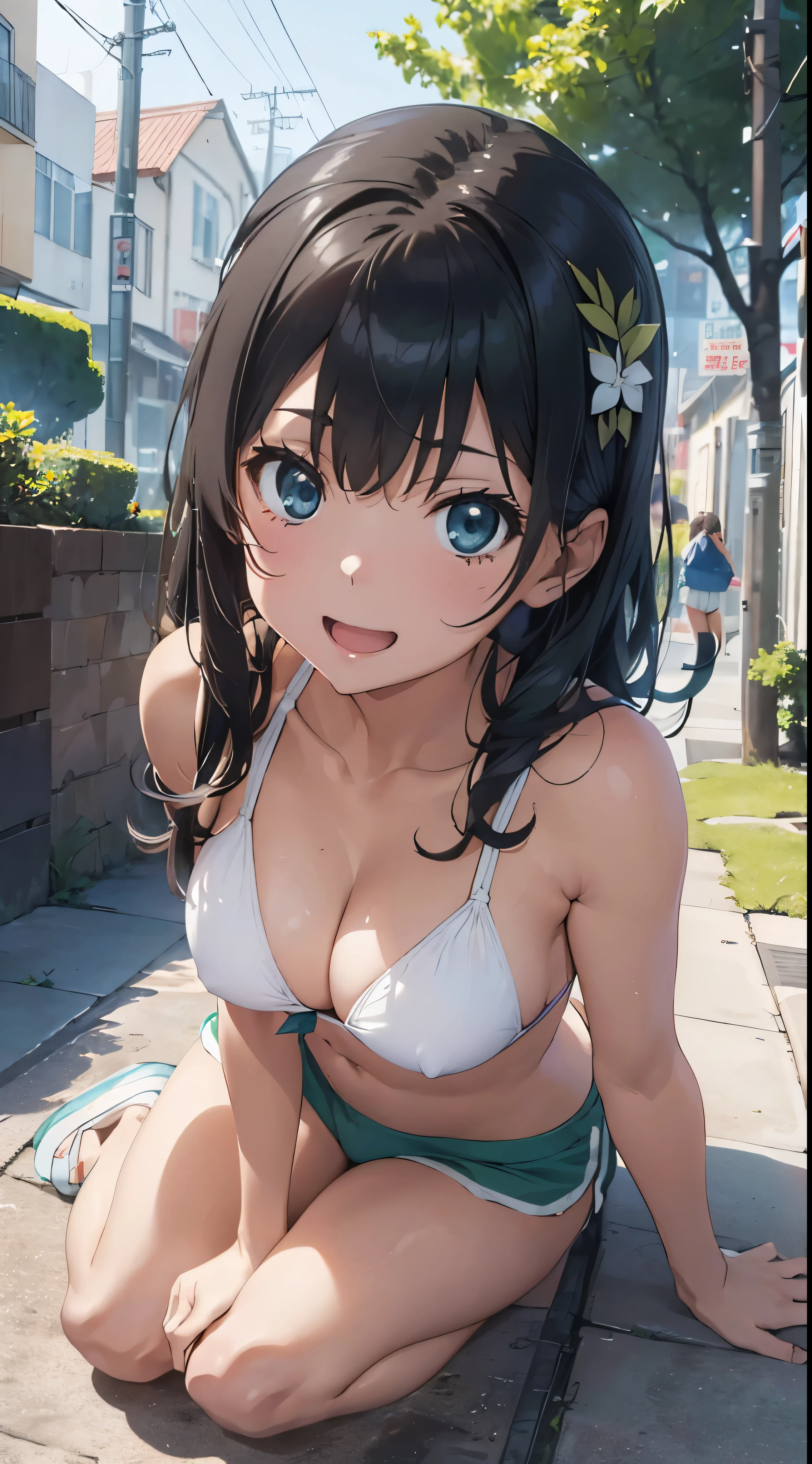(Official art、Best Quality、Unity 8k Wallpapers、32K、masterpiece、ultra-detailliert、超A high resolution、realisitic、Photorealsitic:1.2)、(Cinematic lighting:1.2)、Fireglow effect、The grainiest shadow of the film、Rim lighting、side lights、sideshot、(ultra-detailliertで複雑な3Dレンダリング)、Detailed beautiful face and eyes、A slender、Medium bust、(Full body:1.2)、 Highly detailed background、beauitful face、blurry backround、-yeld beiful girl、(ultra-detailliertなスキン、detailed skin textures:1.3)、A dark-haired、Hip Hop Cable、(thighs thighs thighs thighs:0.8)、Knitted sandals、((sand beach))、Smile with open mouth、(Satin Narico),Blue eyes,((White Bikini,Green shorts))