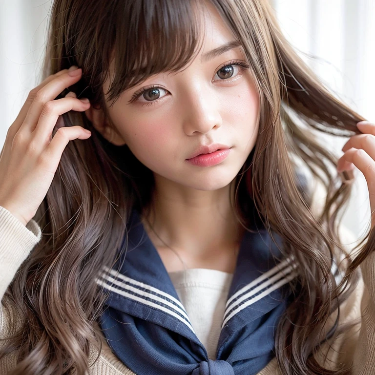 top-quality、超A high resolution、(Photorealsitic:1.4)、女の子1人、Japanese high school girl、Sleepy face、Set your hair with your left hand、hold a bag with your right hand、high-school uniform、(faded ash gray hair:1)、(huge-breasted:1.2)、looking at viewert、a closeup、