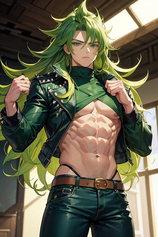 Highly detailed, (masterpiece), best quality, expressive eyes, perfect face, 1man, spiky long wavy hair, raising hair, Super saiyan green hair, green eyes, Bulky Body Builder Masculine body, Green leather Jacket & Jeans