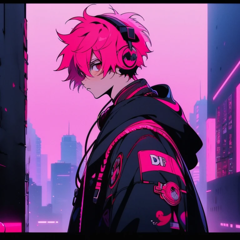 (short-cut), (Two-block hair), (vivid pink hair), (male character), (Red Eyes), (of the highest quality), (masterpiece), (ultra-detailliert), (Oversized hoodies), (headphones), (Street), (neons), (Camera from a down angle), (Modern City), (neonsデイライト), (Cinematic), (Stylish), (hight resolution), (Looking at the camera), (Anime-style), (Softtown), (nightcore), (a handsome man), (Listening to music), (natural appearance of the building), (casual), (ig studios anime style),