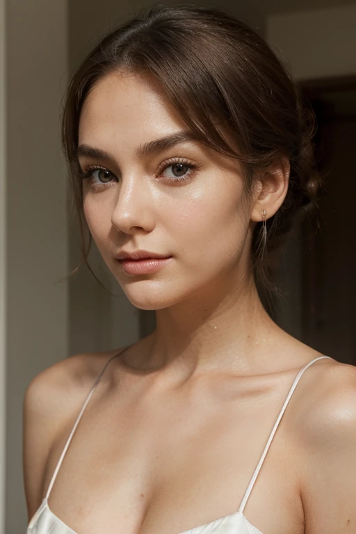 (((best quality, exceptional quality))), ((better skin texture, good complexion, healthy skin, enchanting rosy blush, vellus hair, cute freckle, soft warm neck that 'smells like her', natural skin oils, premium material)), ((upper body portrait, risqué photoshoot, close-up of face and chest, visible nipplek but only if she wants to show them)), (similar to audrey hepburn), an up-and-coming actress who is soon to be everyone's favorite hollywood starlet by 'melting hearts' the world over with her portrayal of the character "Holly Golightly" in a remake of "Breakfast at Tiffany's", good looks reminiscent of sex symbol dang audrey hepburn, short hair, (short blunt bangs), (eye makeup, 60's eyeliner trend), strapless bustier, midriff