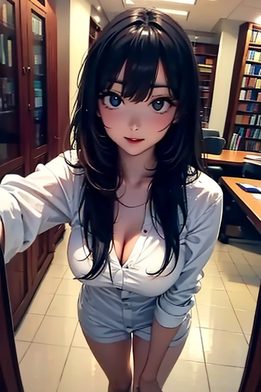 (tmasterpiece），（beste-Qualit），（higly detailed），（illustartion），（extra high resolution)，one girls, gaze at the viewer, confusion，black hair, sexy, straight long hair，white shirt，Mature woman，huge tit，top down view，a closeup of a，Inside the room，bookshelves，desks，（Opening legs），（open shirt）