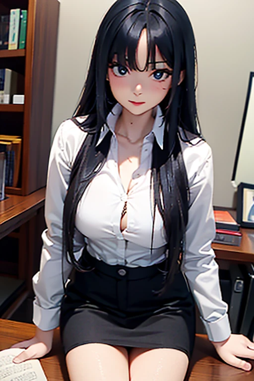 tmasterpiece),(beste-Qualit),(higly detailed),(illustartion),(extra high resolution),one girls, gaze at the viewer, confusion,black hair, sexy, straight long hair,white shirt,Mature woman,huge tit,top down view,a closeup of a,Inside the room,bookshelves,desks,(Opening legs),(open shirt)