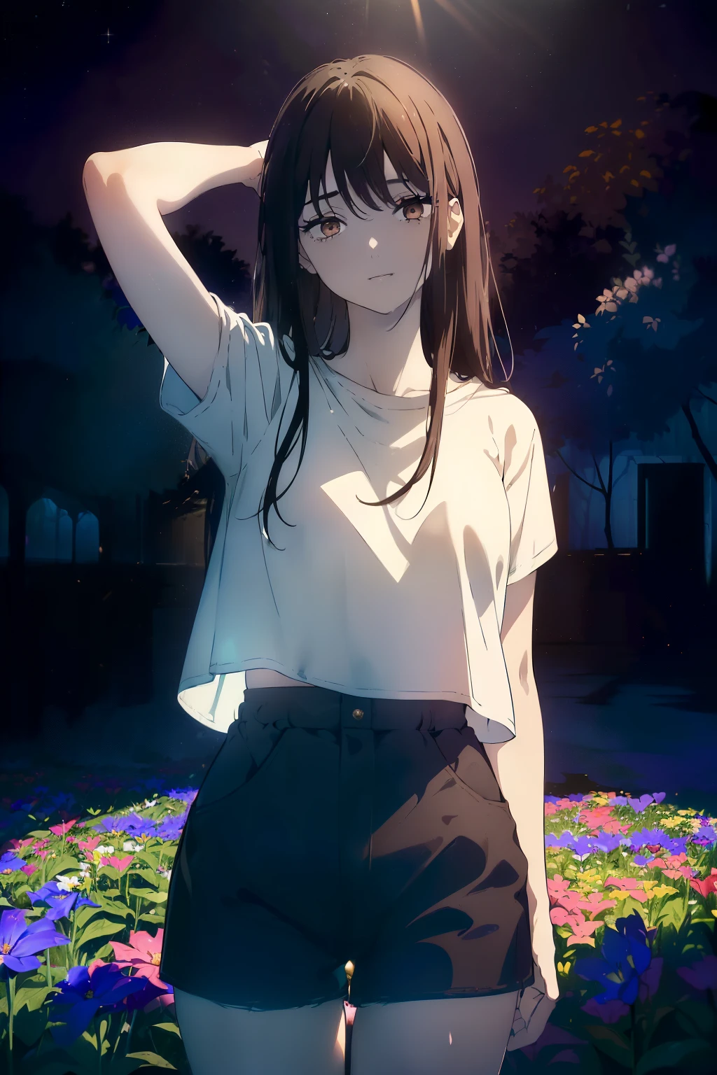 ((((Obra maestra, La mejor calidad, ultrahigh resolution)))), 1girl, standing, (baggy white t-shirt, loose fitting blue shorts, long back hair, long dark black hair, pale skin, ((shining brown eyes)), ((ultra detailed eyes:0.7, beautiful and detailed face, detailed eyes:0.9)), ((centered)), smile, (wide shot), facing viewer, (((vibrant background of outside, LSD flowers, bright lighting, darkness)), flat chested, ((looking at viewer)), ((half closed eyes)), ((perfect hands)), ((head:1, hips, elbows, arms, in view)), empty eyes, beautiful lighting, defined subject, 25 years old, ((a very cool image)),